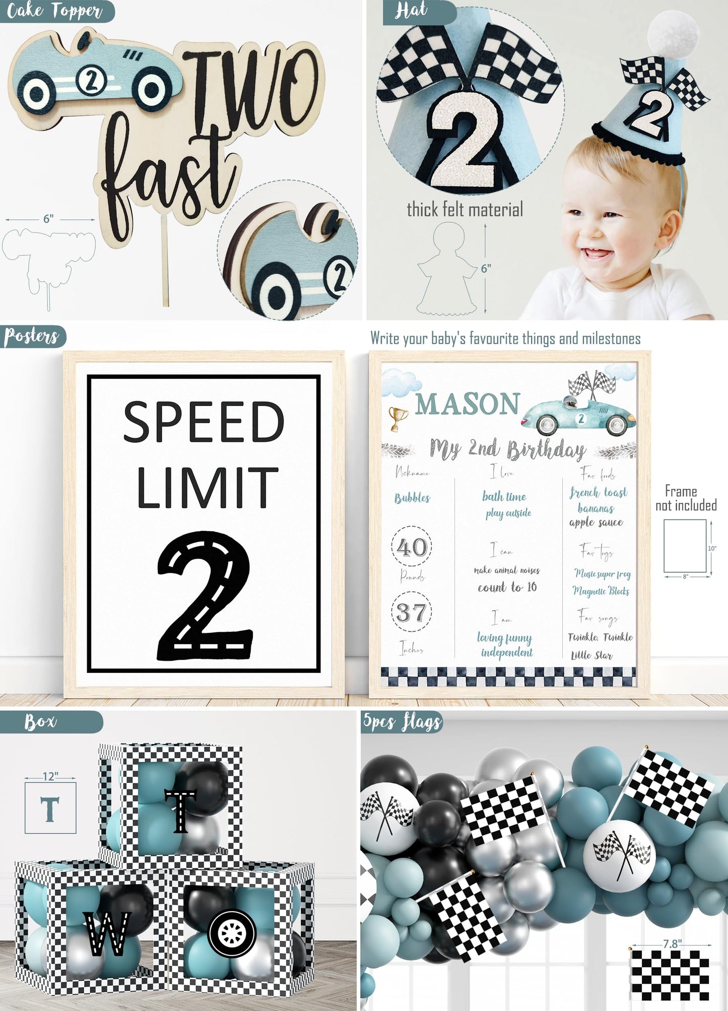 Two Fast Birthday Decorations, 2nd Birthday Decoration for Boys, Race Car Party Supplies for 2 Year Old with Balloon Garland Backdrop Tablecloth Box Crown Cake Topper