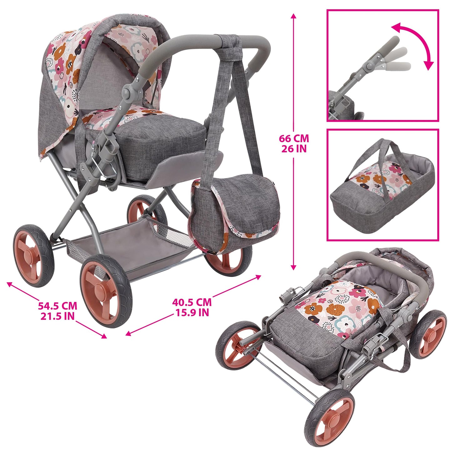 509 Crew: Melange Flora - Kelly Deluxe Doll Pram - Matching Bag, Removable Carrycot, Large Canopy, Shopping Basket, Doll Accessory, Kids Toy, Ages 3+