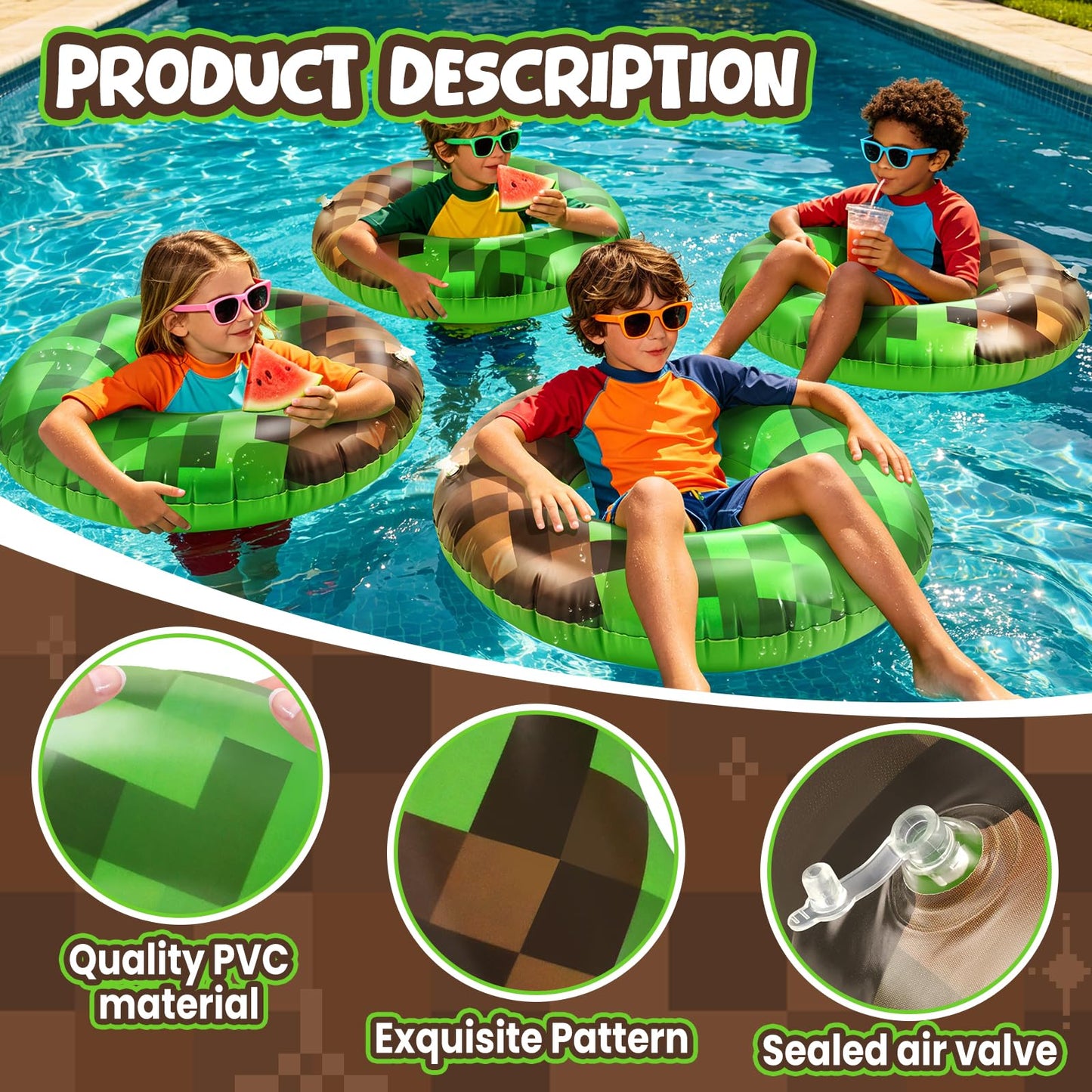 4 Pcs Pixel Party Pool Floats, 24 Inch Green Pixel Art Swim Rings for Kids Ages 5-8 Pool Tube, Inflatable Pool Toys for Hawaiian, Beach, Water Park Fun
