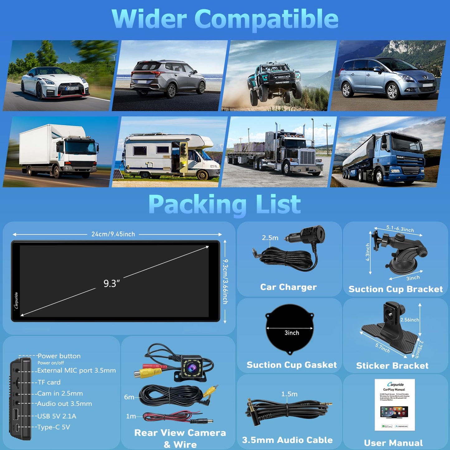 2025 CARPURIDE 9.3 Inch Carplay Screen for Car, Compatible with Wireless/Wired Apple CarPlay, Android Auto and Mirror Link - Bluetooth Audio, Navigation,Siri, FM, AUX, C92 with Backup Cam