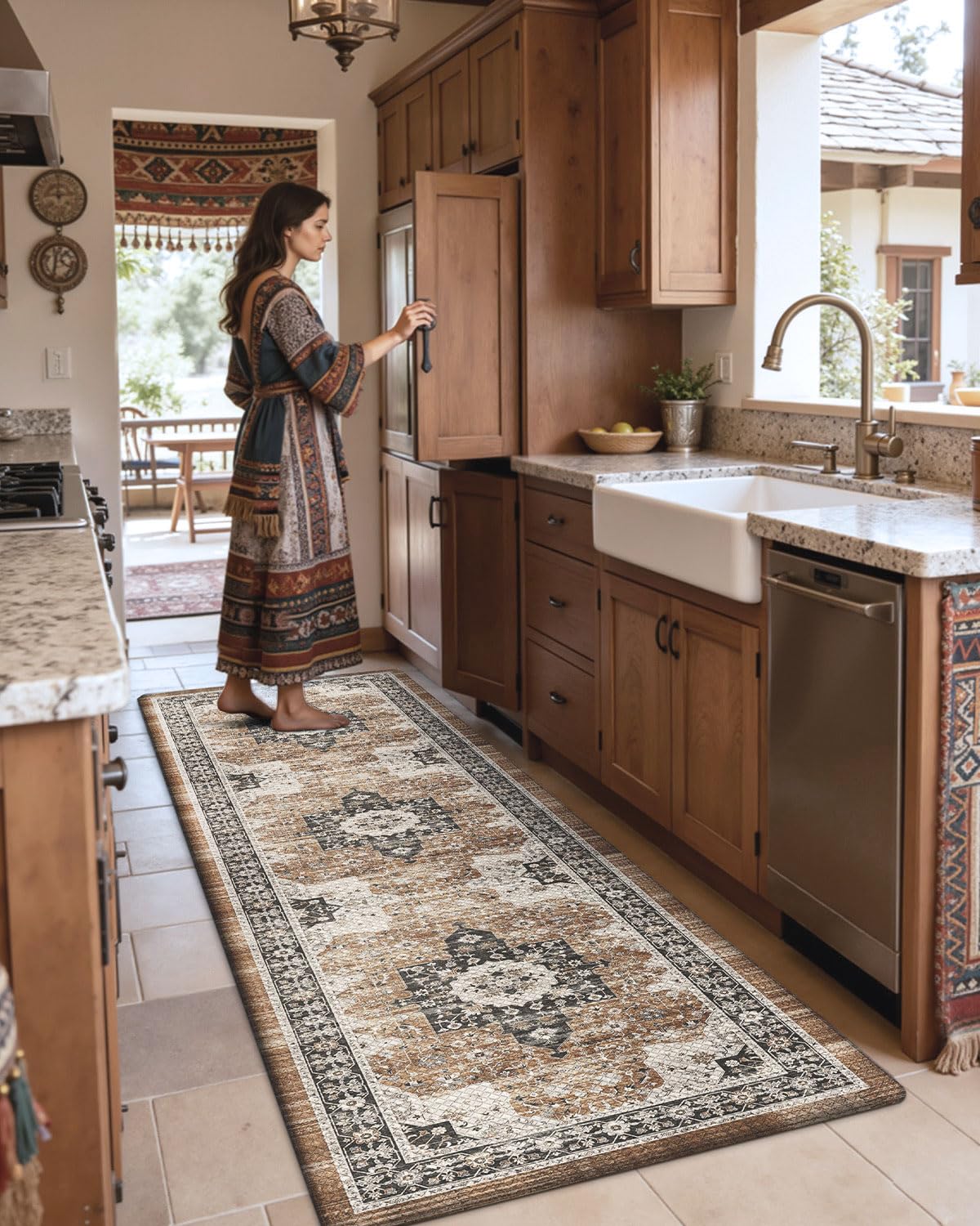 DEXI Kitchen Floor Mats Cushioned Anti Fatigue, 23x86 Long Wide Standing Comfort Runner Rug, Waterproof Retro Floral Memory Foam Padded for Front Sink Laundry, Brown/White