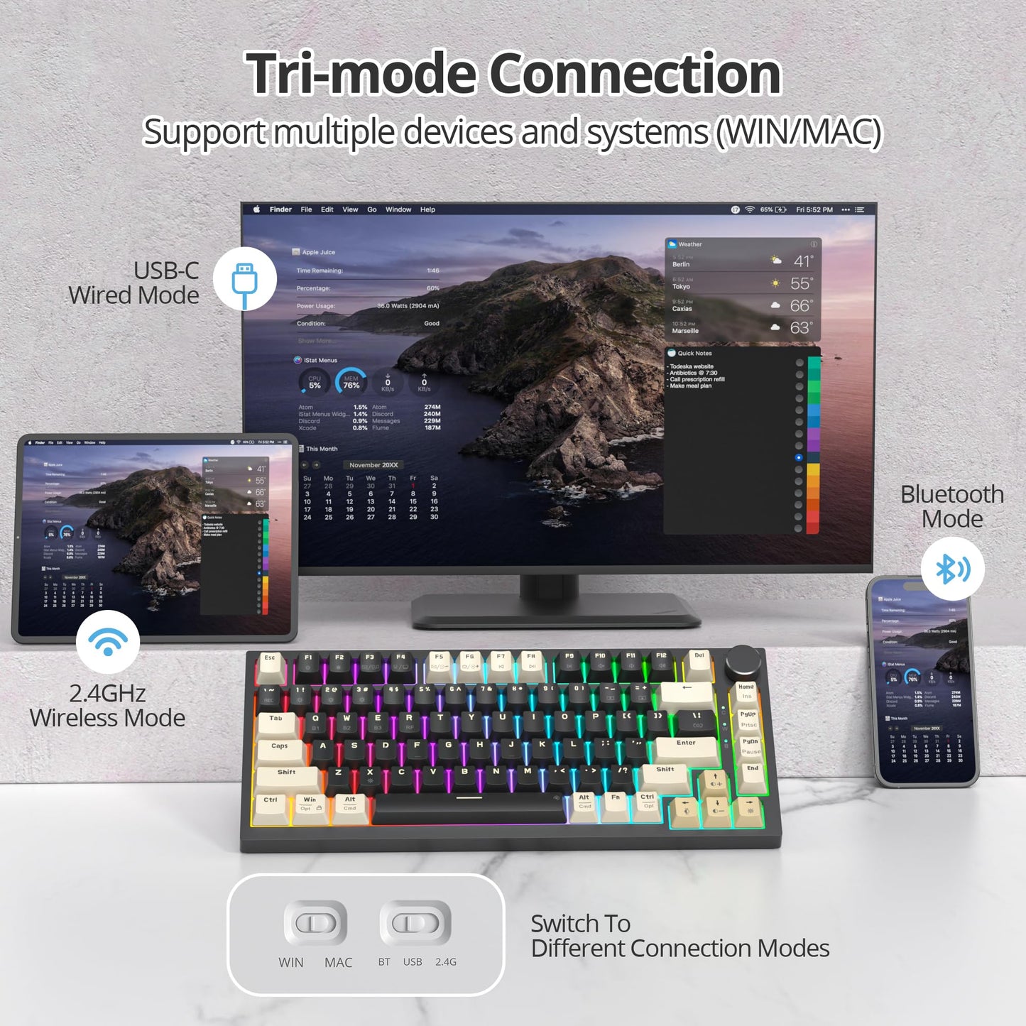 iRoboosta 400PRO 75% Wireless Creamy Mechanical Keyboard Black, Gasket Hot Swappable RGB Gaming Keyboard, Bluetooth/2.4GHz/USB-C Thocky Keyboard with Pre-lubed Cream Grey Switches (82 Black)