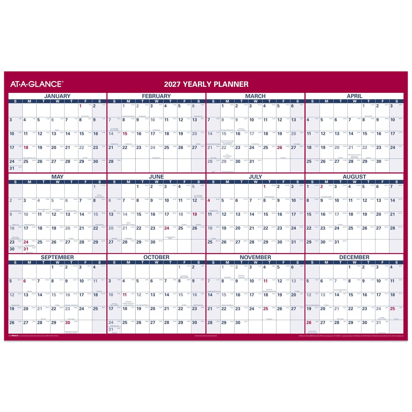 AT-A-GLANCE 2027 Erasable Calendar, Dry Erase Wall Planner, 48" x 32", Vertical-Horizontal, Reversible (PM3262827)