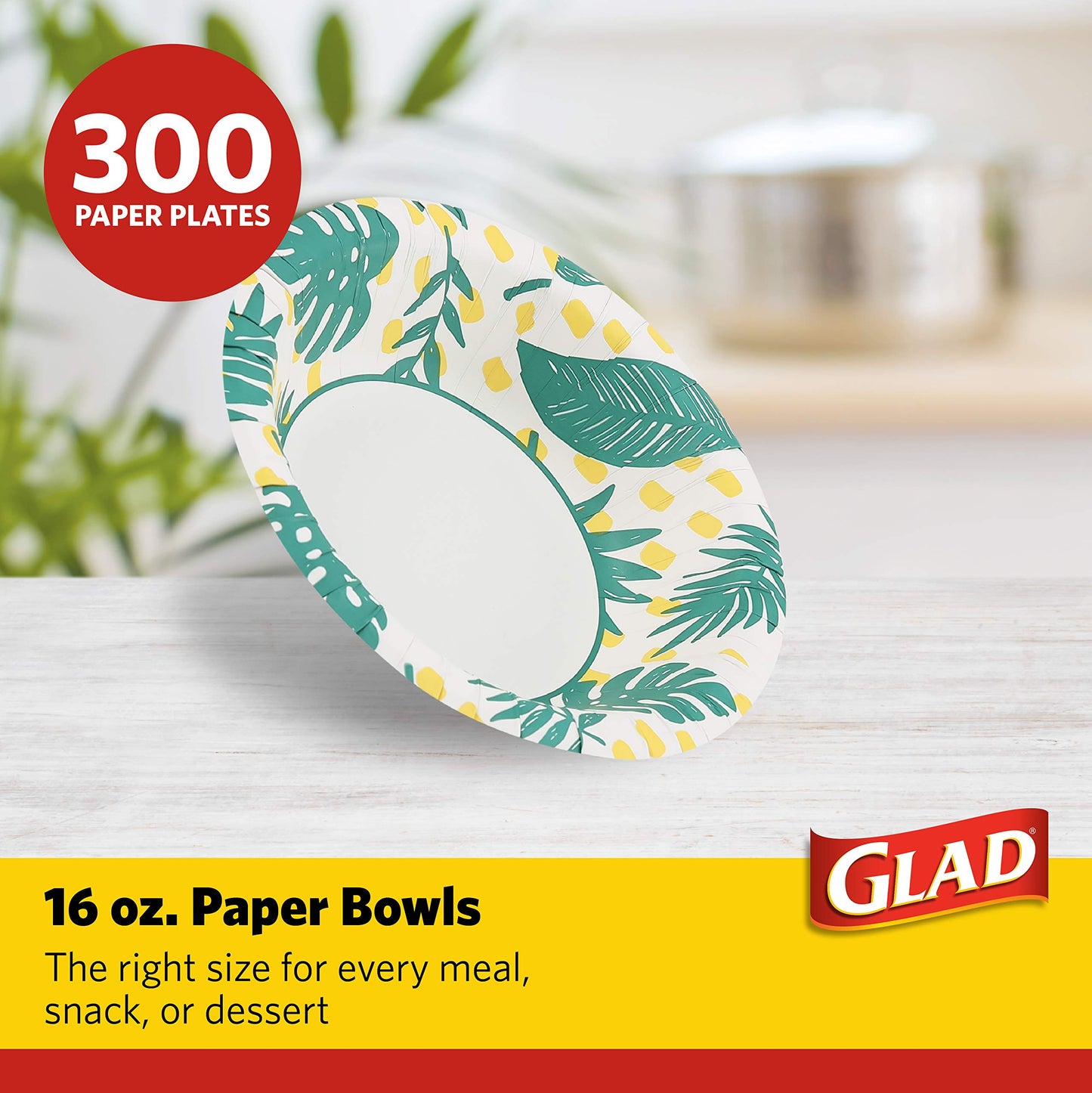 Glad Soak-Proof Palm Leaves Paper Bowls, Heavy-Duty Round Disposable Bowls for Soup, Salad and Snacks, Cut-Resistant and Microwave Safe for Daily Meals, Picnics and Parties, 16 Oz, 50 Count - 6 Pack
