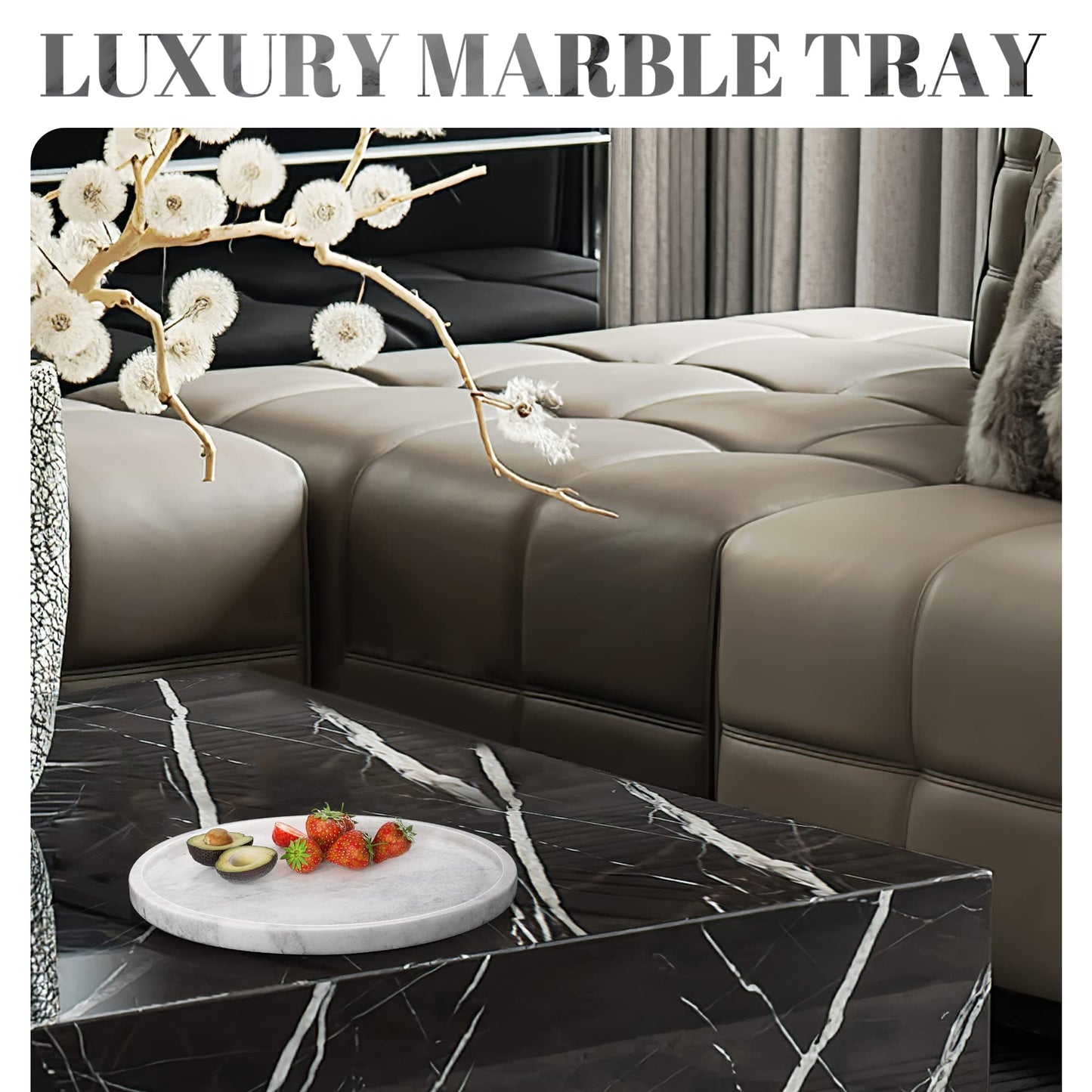 Koville African Natural Marble Tray for Bathroom Countertop, 11.8" Diam Round Marble Tray for Kitchen Counter, Coffee Table Serving Tray, Perfume Jewelry Tray Decorative Vanity Tray (Namib Fantasy)
