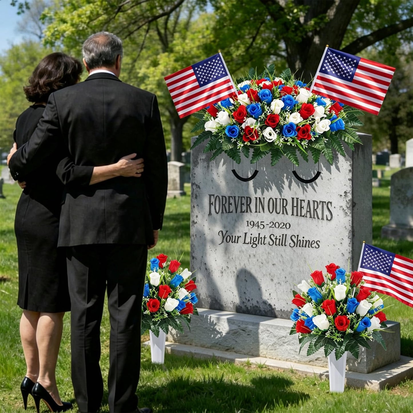 Luabue Artificial Cemetery Flower Grave Saddles for Headstone Roses red White and Blue Artificial Flowers with Flags Memorial Day Decorations for Grave Veterans Patriotic 4th of July Independence Day