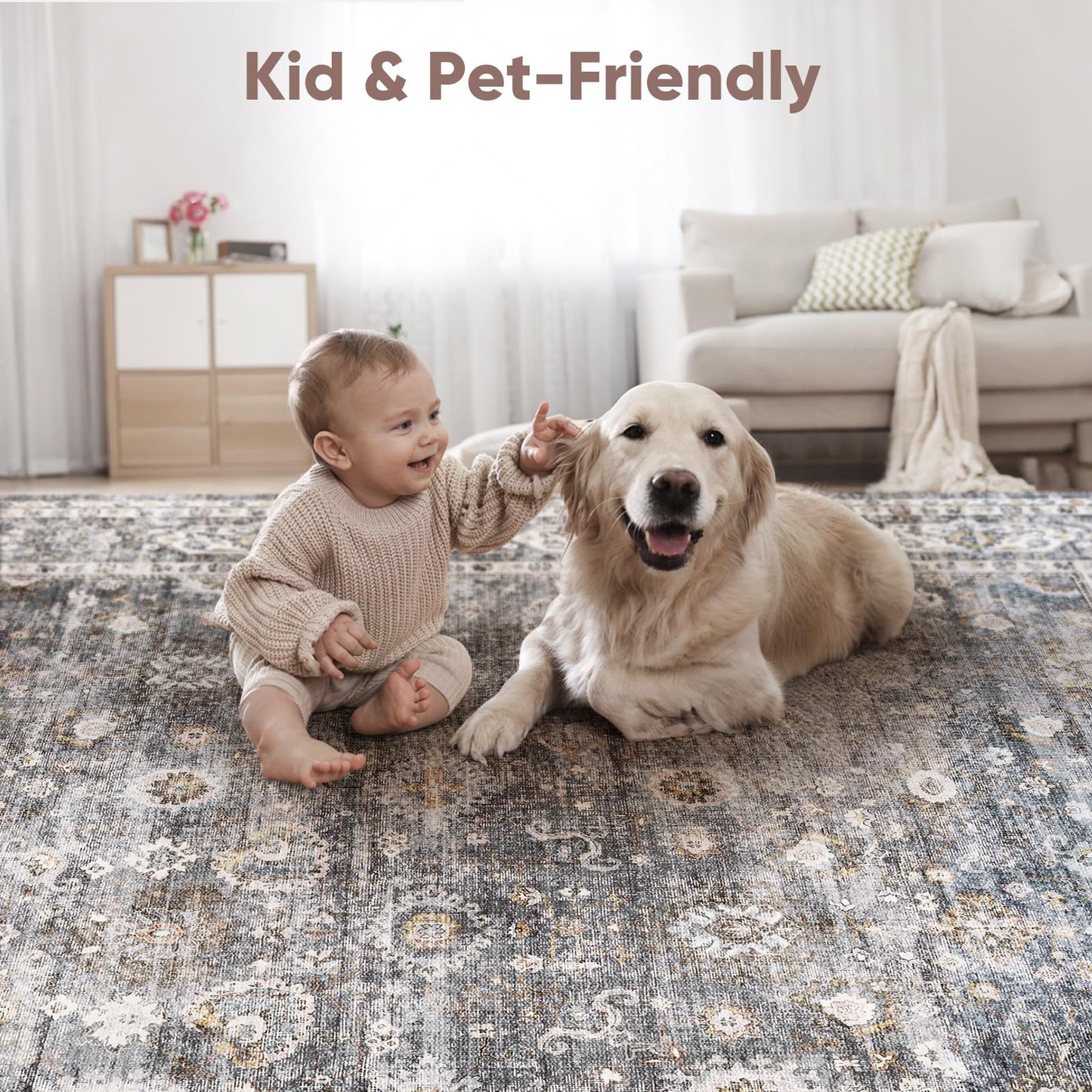 Runner Rug Hallway Runner Rug Washable Kitchen Runner Rugs with Rubber Backing 2'6''x8' 100% Polyester Vintage Rug for Entryway Indoor, Kitchen, Laundry, Bedroom (Grey and Brown)