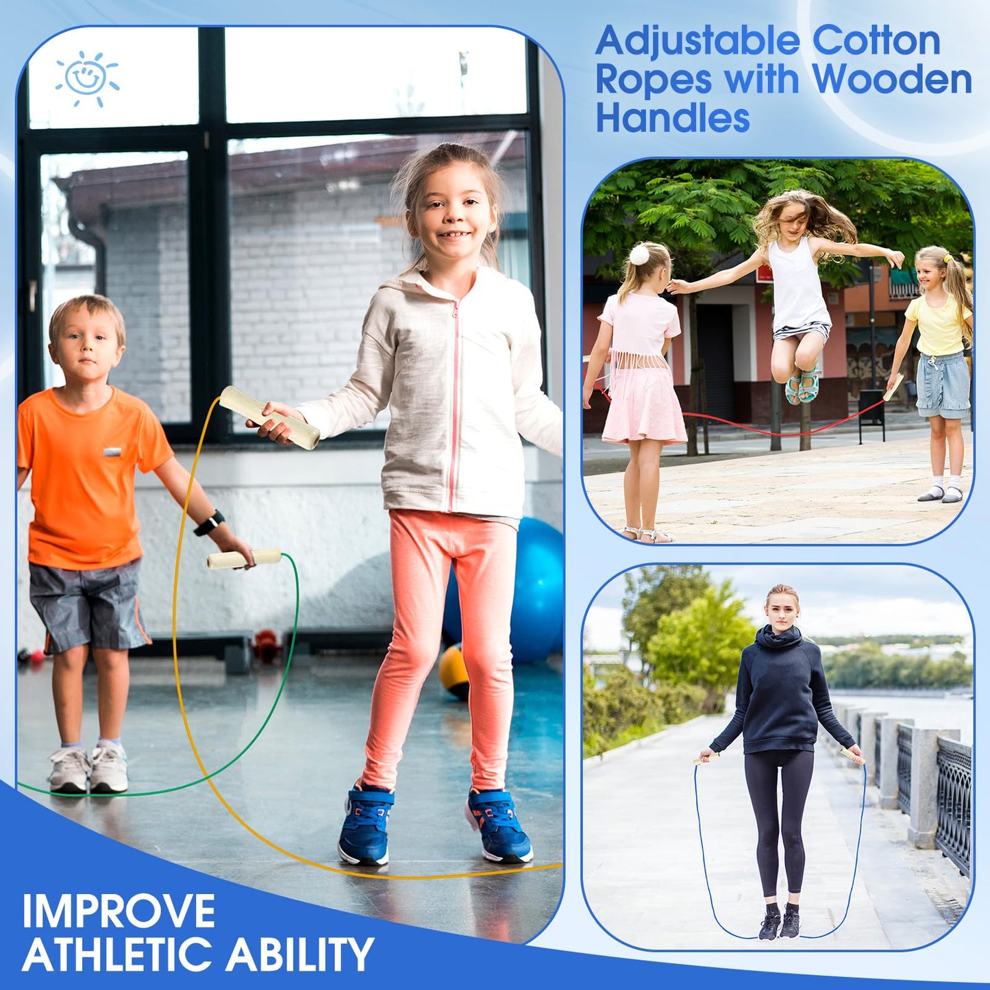 Sonwyoung 30 Pack 8.53 Ft Jump Ropes for Kids Adults Adjustable Cotton Skipping Rope with Wooden Handle for Multiplayer Double Dutch Jump Rope Exercise Outdoor Fun School Sport Game Gift