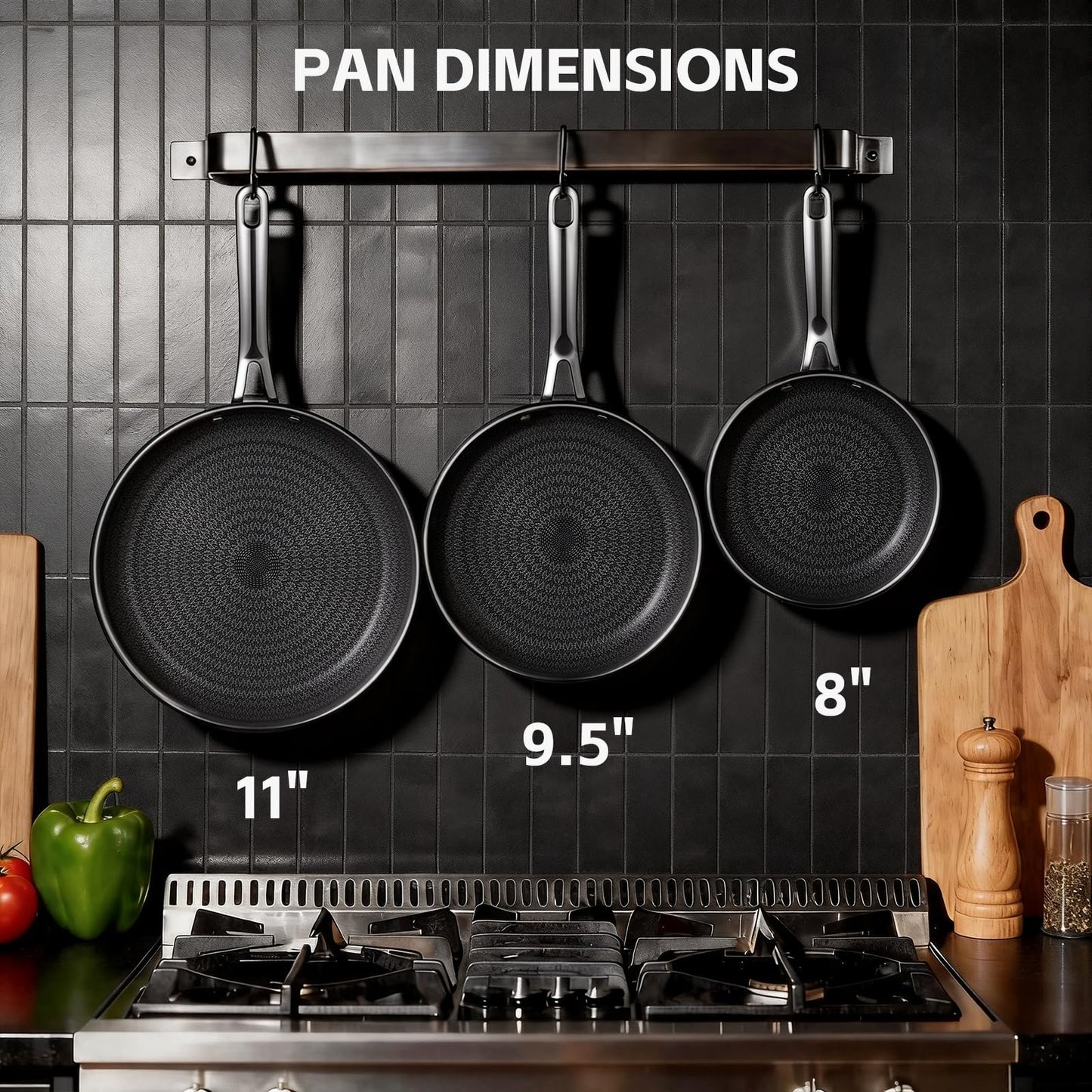 Ammeloo Hybrid Tri-Ply Stainless Steel Frying Pan Set, 8"/9.5"/11" Cooking Pans, Non Stick Frying Pans and Skillets, Chef Pan, Non Toxic, Dishwasher Safe, Induction Compatible, Black Interior