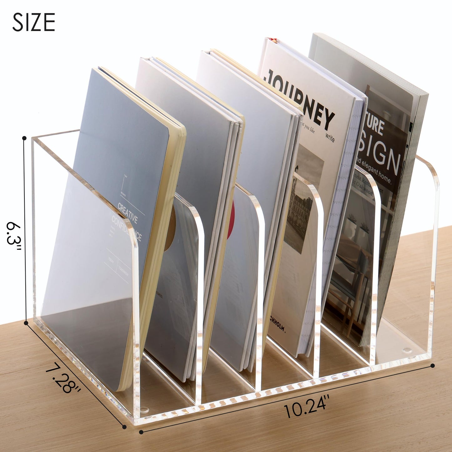 SANRUI Acrylic File Organizer, Clear Magazine File Holder Desk Organizer for Office Organization and Storage with 5 Vertical Compartments, Desktop Bookshelf for Home Office Organization