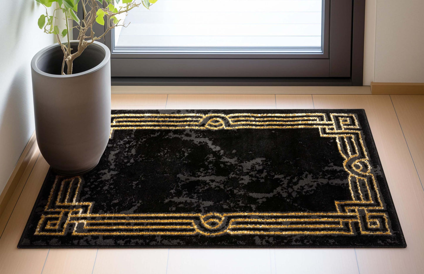 Well Woven Lezlee Abstract Modern 2' x 3' Area Rug Black Gold Marble Border - for Entryway, Office, Accent