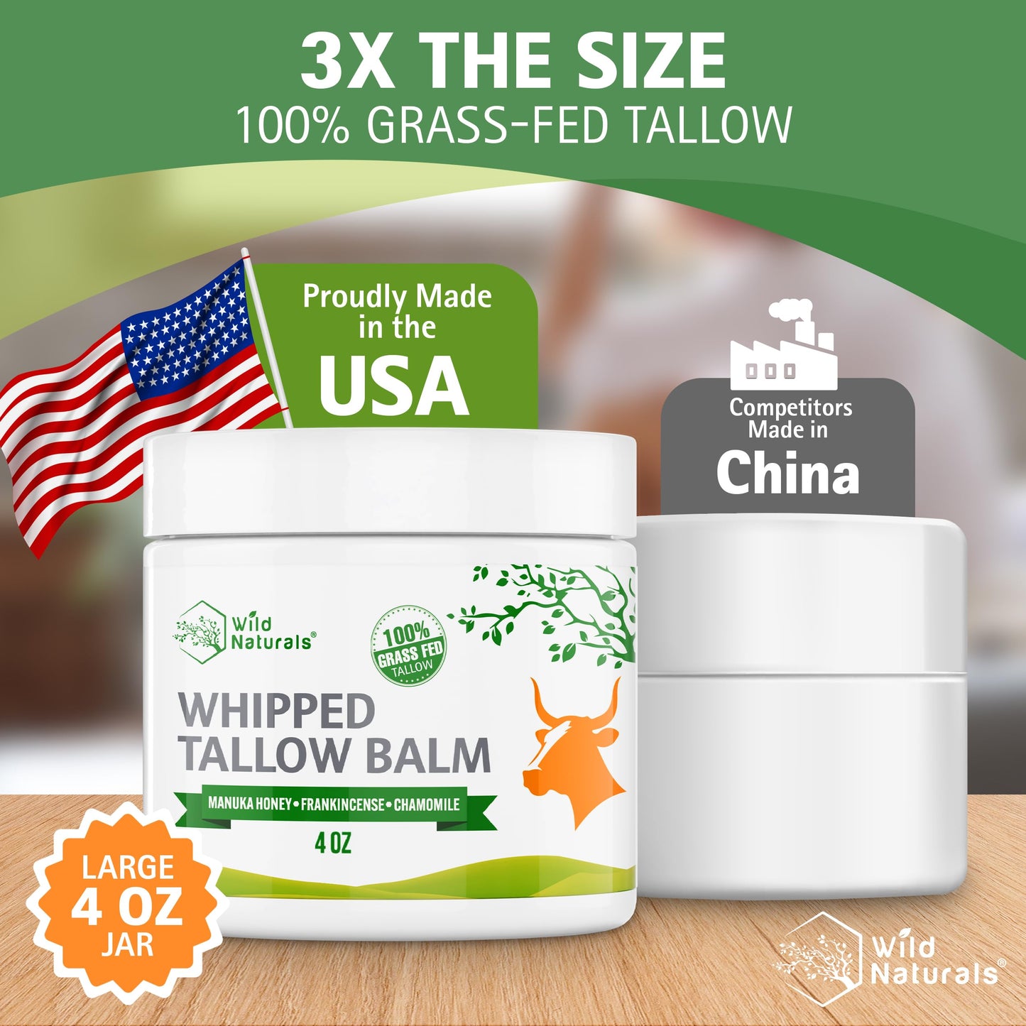 Wild Naturals Whipped Tallow Balm, 100% Grass Fed Beef Tallow and Honey Balm for Face and Body, Unscented Face Moisturizer, Anti-Aging and Dry Skin Relief, Non-Greasy, All-Natural, 4oz