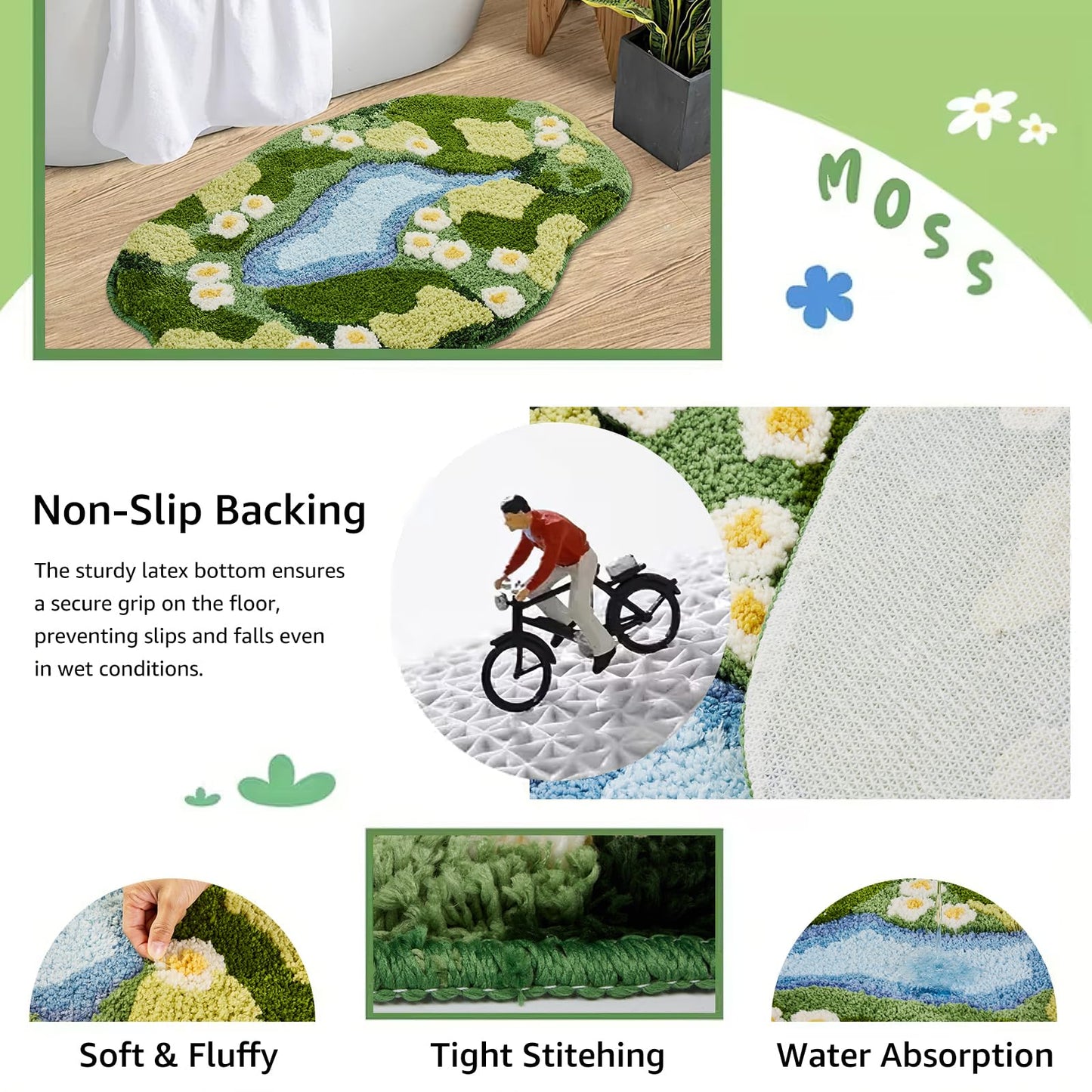 Sisher Moss Bath Mat,Cute Green Bathroom Rug Thick Bathroom Rugs Runner Rug Long Absorbent Non Slip Microfiber Rugs for Shower Floor, Sink, Bedroom, Home Accessories Decor, Moss Green 31"×21"