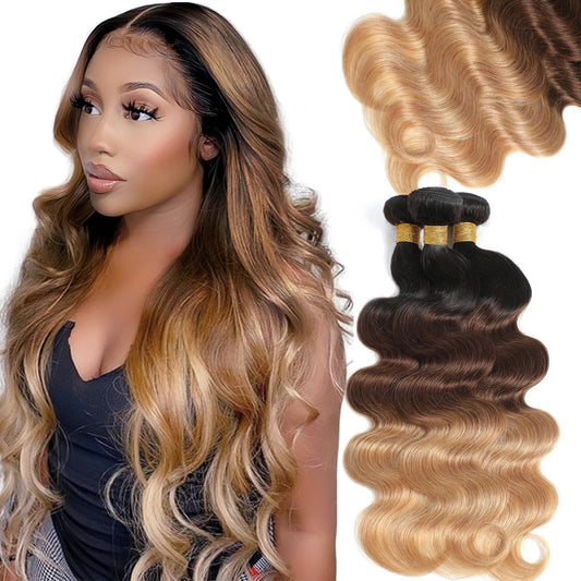 Brazilian Virgin Hair Body Wave Ombre Human Hair 3 Tone, 3 Bundles Ombre Brazilian Hair Extensions (T1B/4/27, 14" 16" 18")