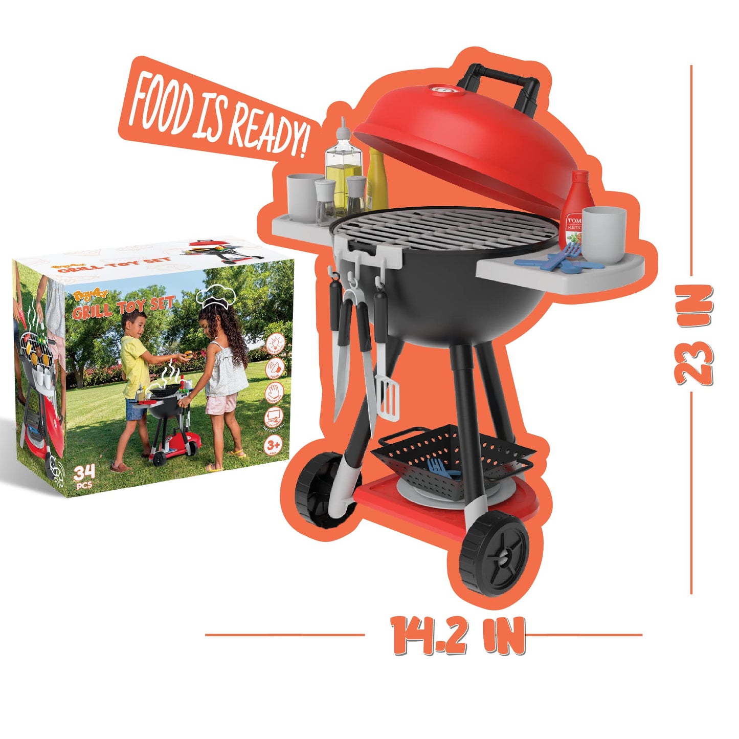 JOYIN 34 PCS Kitchen Toy Set, BBQ Play Grill, Cooking Toy Set, Little Chef Play, Kids Grill Playset Interactive BBQ for Kids with Light & Sound, Christmas Birthday Gift for 2 3 4 Year Old Boys Girls