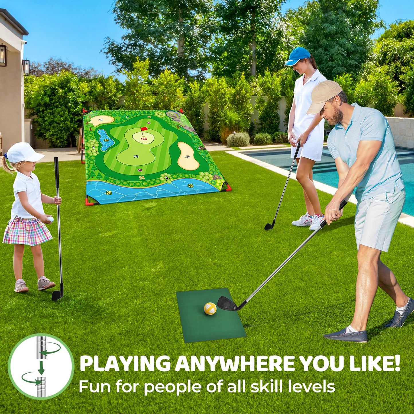 DyBaxa Golf Chipping Game - Golf Battle Game for Kids, 54*54 Golf Target Mat with 16 Sticky Balls, 8 Bean Bag, 6 Axe, 2 Soccer, Perfect for Family Fun, Outdoor Lawn, Poolside, Backyard Party Activity