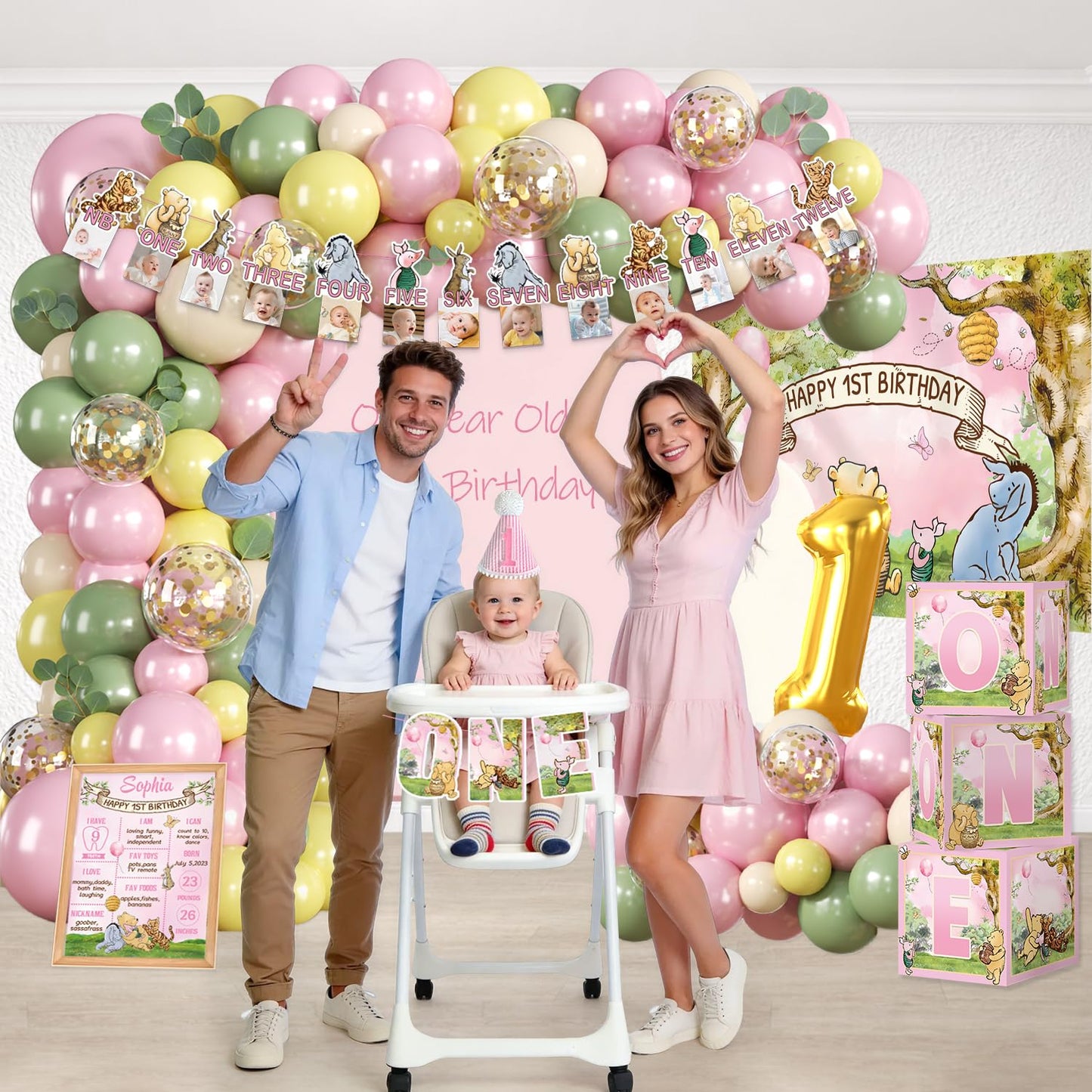 Fexivo 273 PCS Bear 1st Birthday Decorations, All-in-One Baby Girl 1st Birthday Decorations Set with Plates, Napkins, Serves 25, 2 Tablecloths, Balloon Arch, Backdrop & Banner, Pink