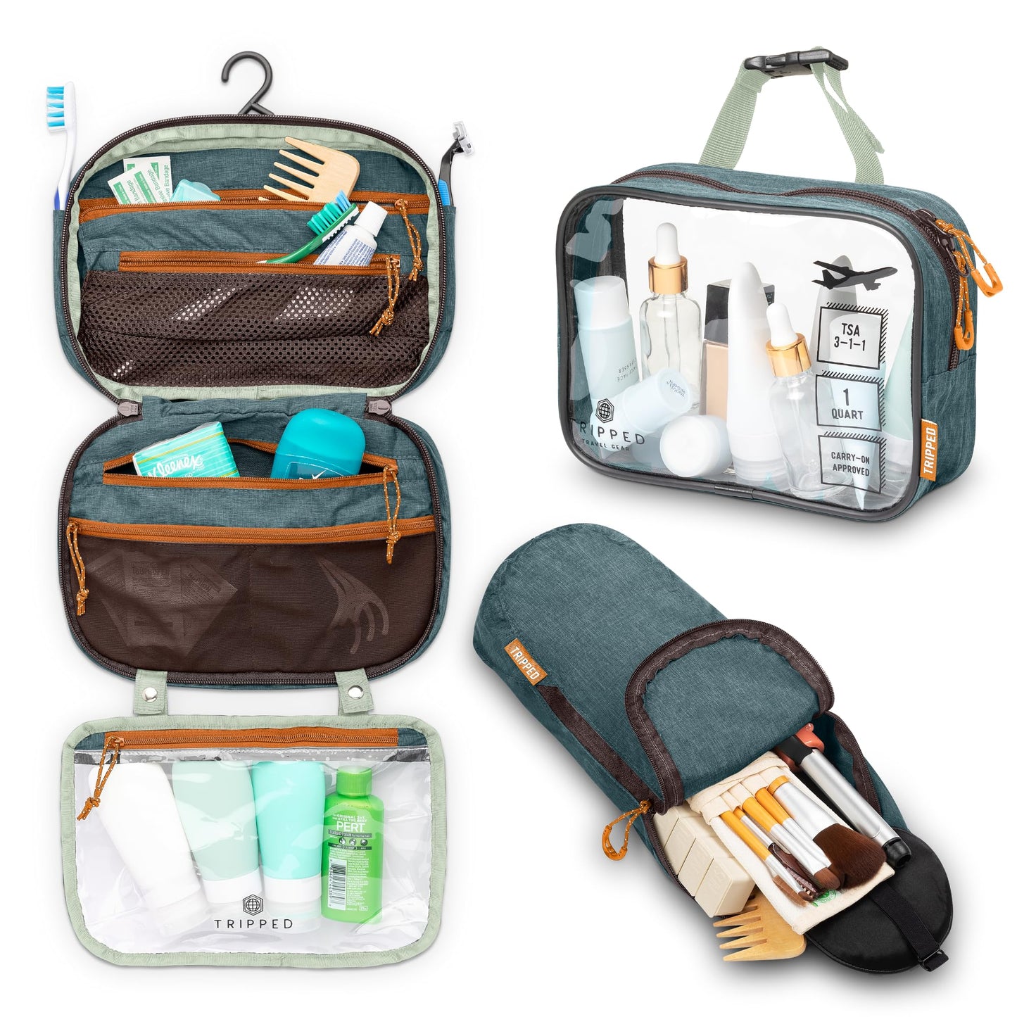 Toiletry Bag Kit Set: Hanging Travel Toiletry Bag + 311 TSA Cosmetic Liquid Bag + Ultralight Accessory Organizer Pouch (Green)
