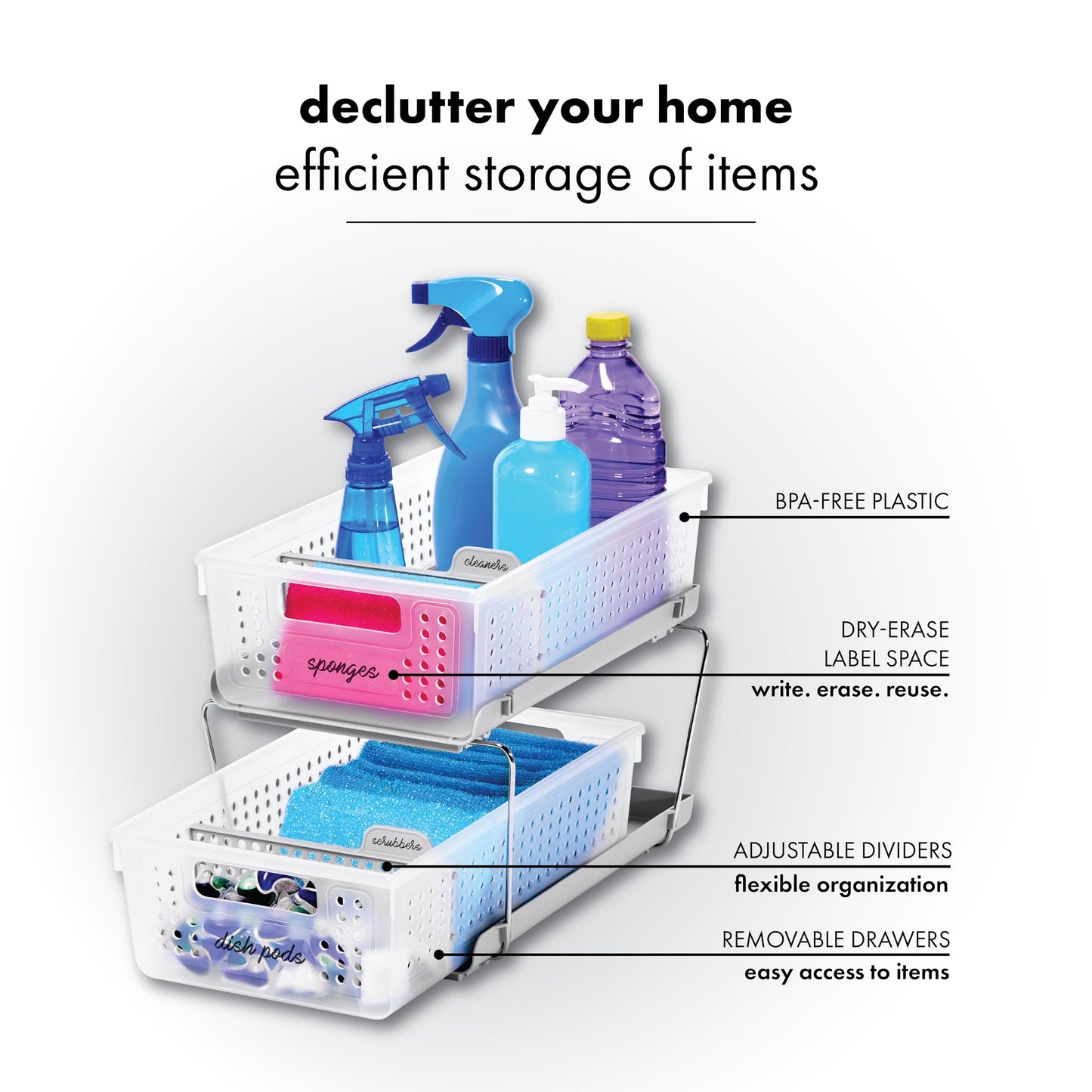madesmart Stackable 2-Tier Organizer, 2 Pack, Multi-Purpose Slide-Out Storage with Extra Set of Legs, Handles and Dividers for Home and Bath, BPA Free, Frost 2 PACK