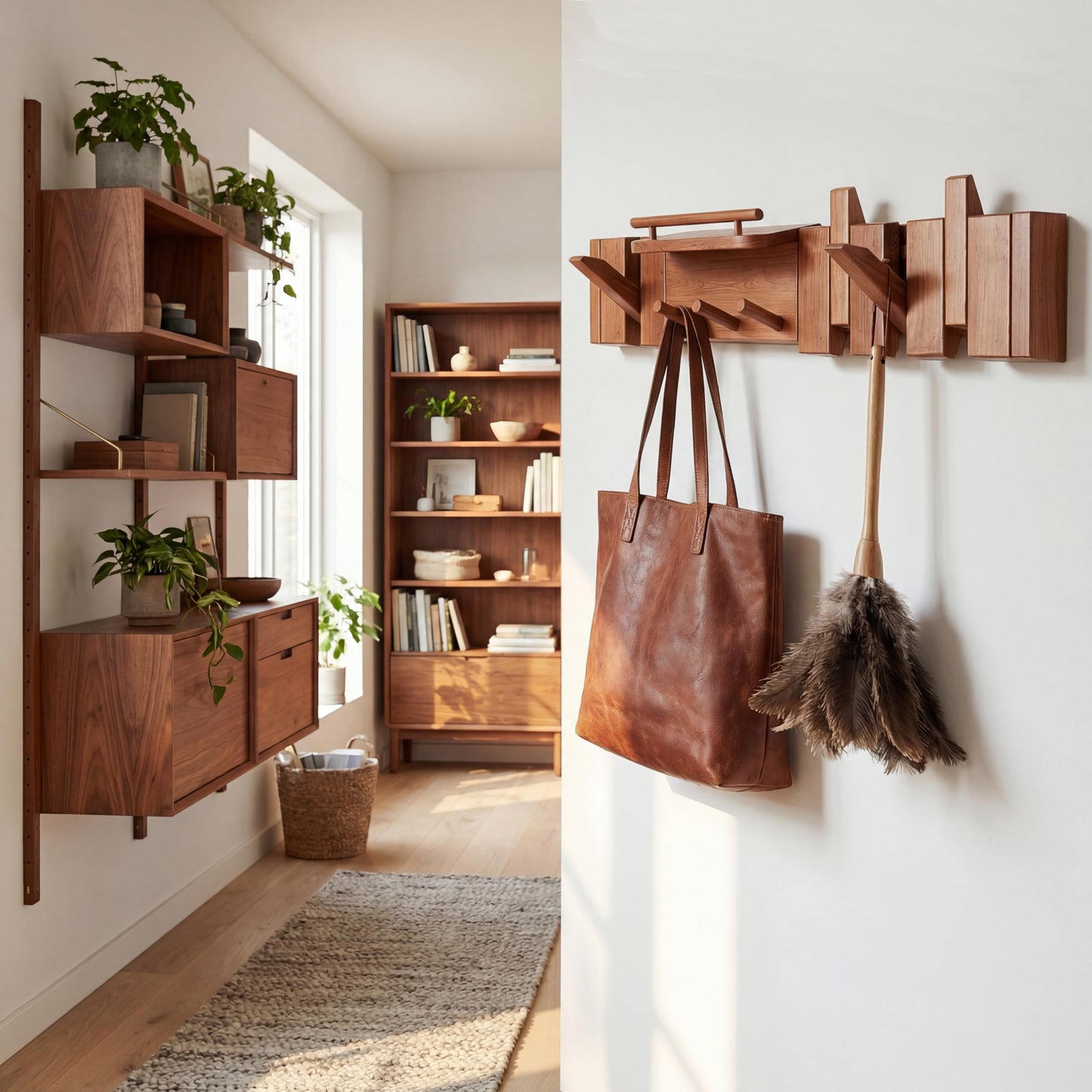 EasTeebw Mid Century Modern Walnut Foldable Entryway Wall Coat Hanger Hook with Shelf,Heavy Duty Wooden Piano Hidden Towel Hooks for Bathroom,Wall Rack for Purse&Key&Mail,Home Decor (Walnut, 7 Hooks)