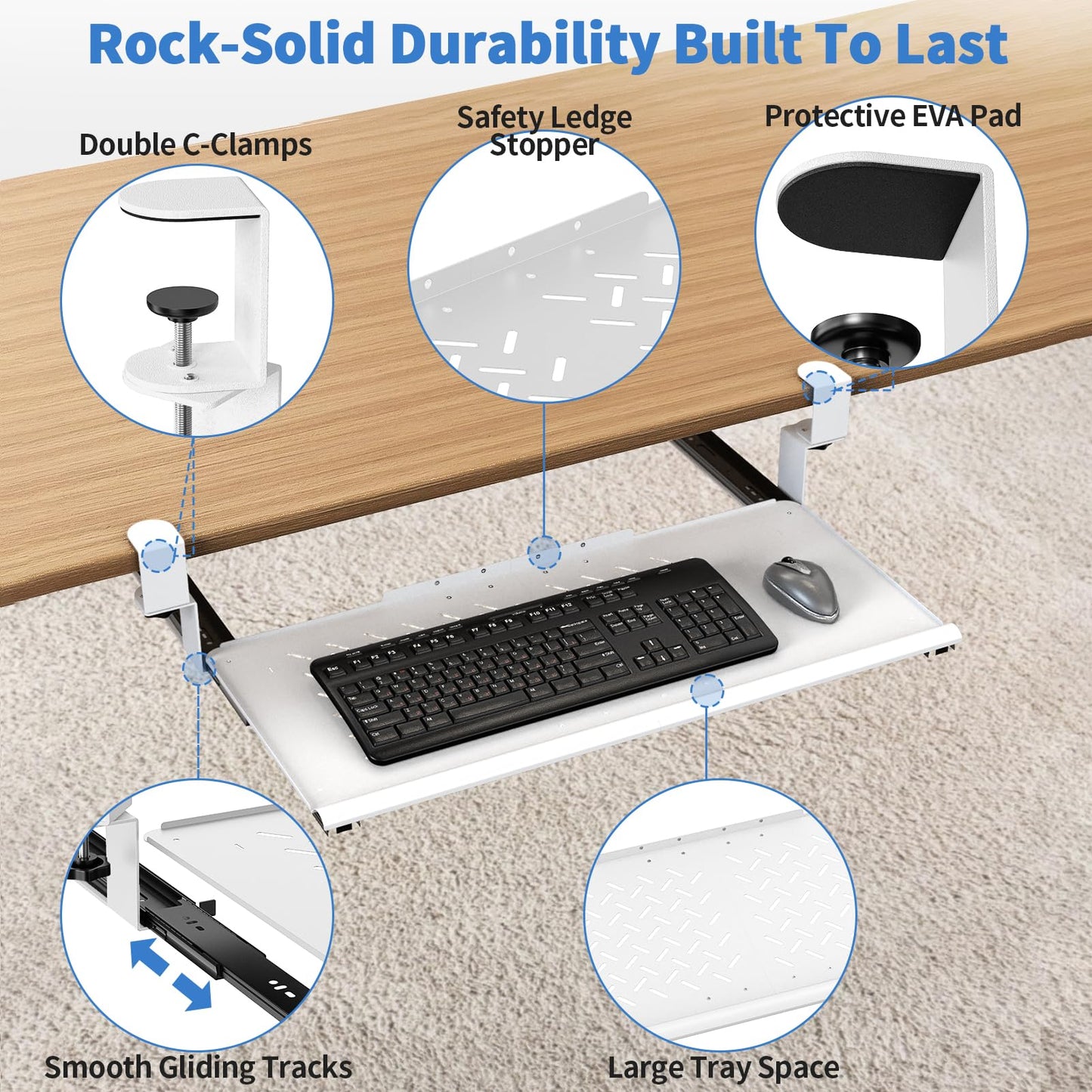 Strifuture Keyboard Tray Under Desk - Full Metal Slide Out Holder, Rust-Resistant & Scratch-Proof, Double C-Clamps, 26x13" Tray for L Shape/Regular Desks, Standing/Sitting Workstation(White-A)