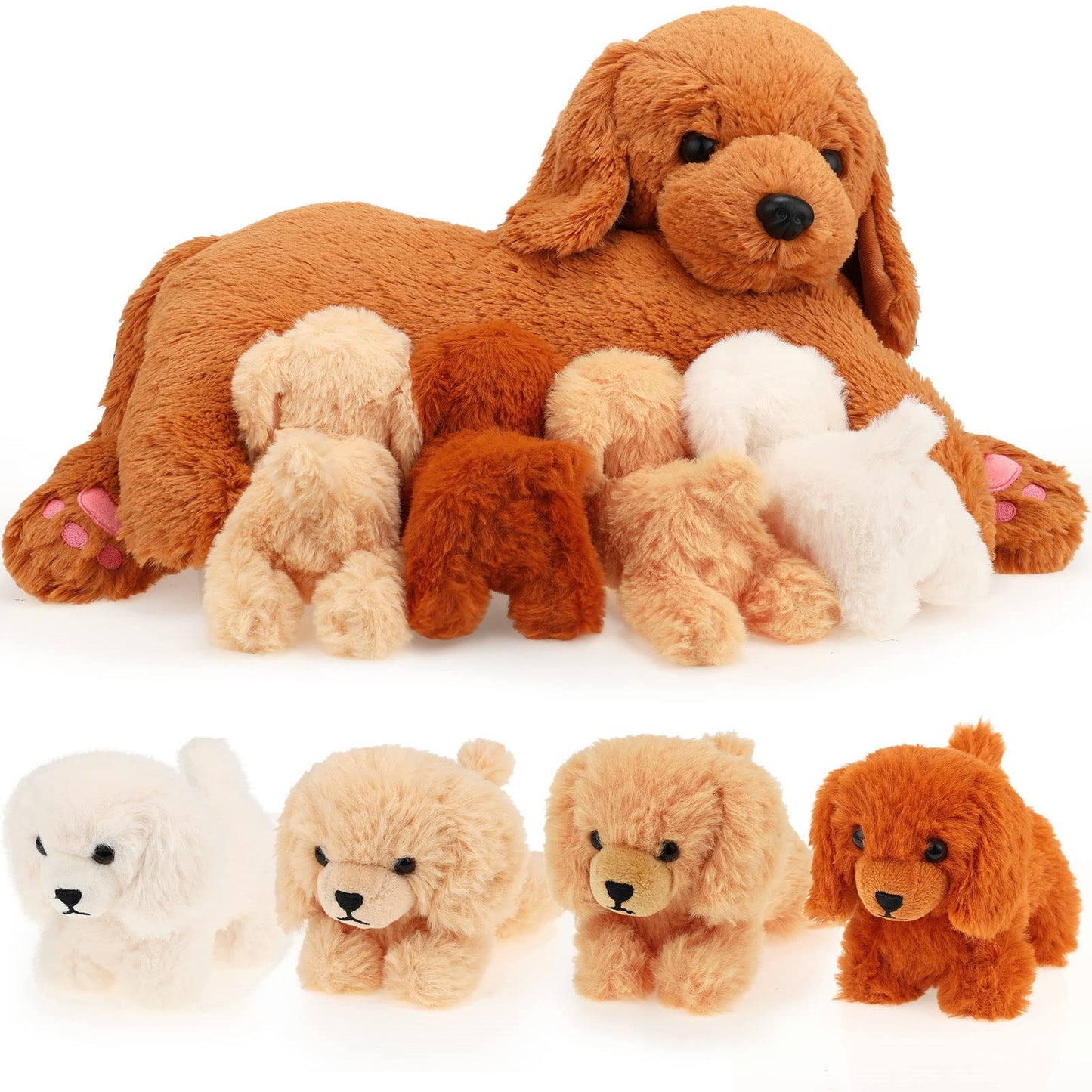 Nurturing Dog Stuffed Animal with Puppies, Soft Cuddly Golden Retriever Plush Toys for Girls Boys Plushy Nursing Mommy Dog with 4 Stuffed Baby Puppies for Birthday Party Favor Gifts (Golden Retriever)