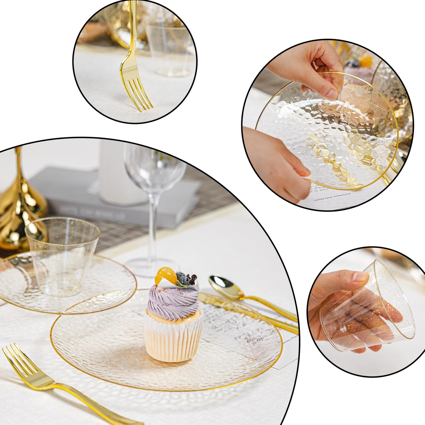 HOMIP 350 PCS Plastic Dinnerware Set (50 Guests), Clear Party Plates Include 50 Dinner Plate, 50 Dessert Plate, 50 Cups, 50 Gold Cutlery Set And Pefect for Party and Wedding