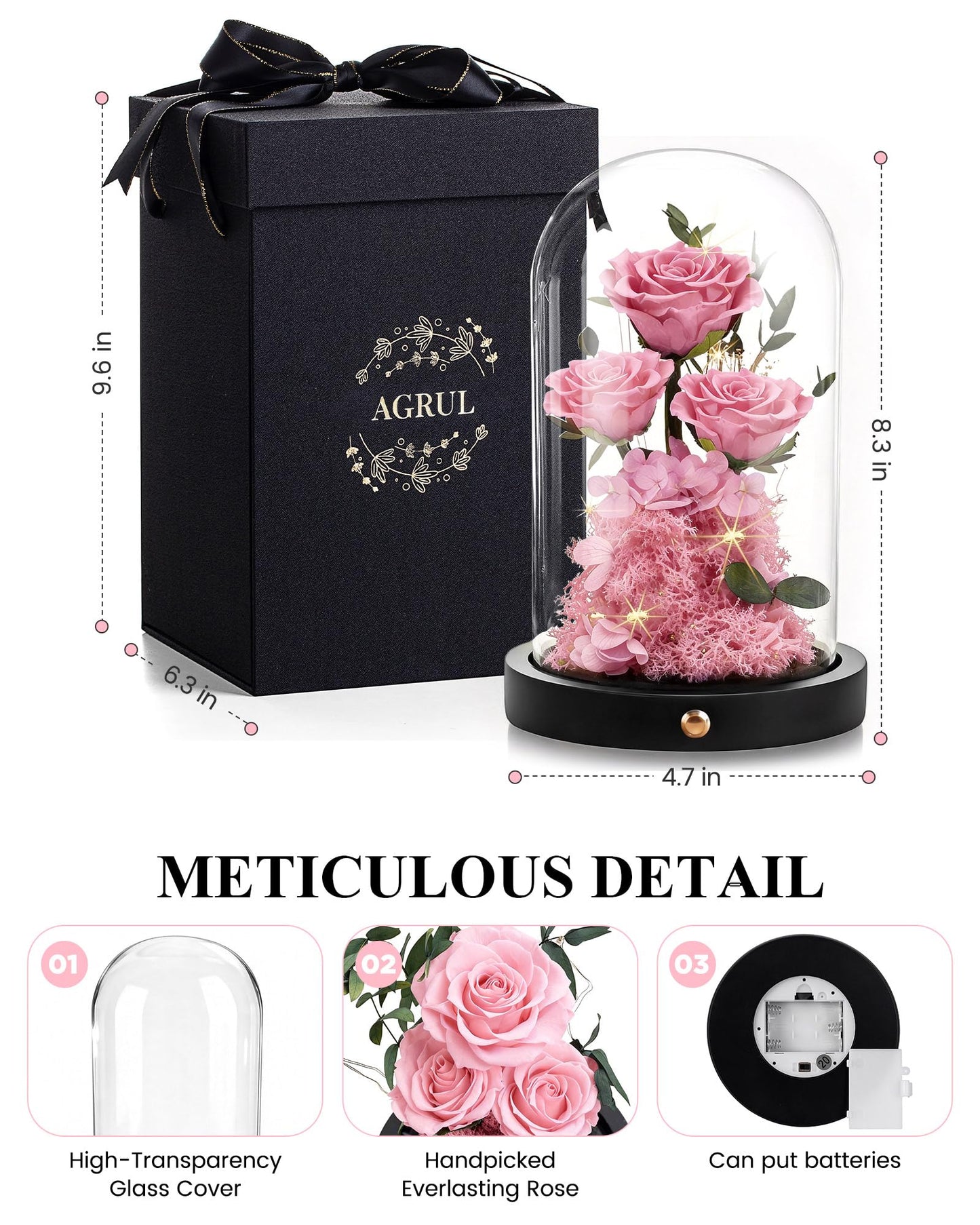 Agrul Birthday Gifts for Women Forever Preserved Flowers Roses in Glass Dome for Women Mom Wife Girlfriend Daughter Birthday Gifts/Pink Rose
