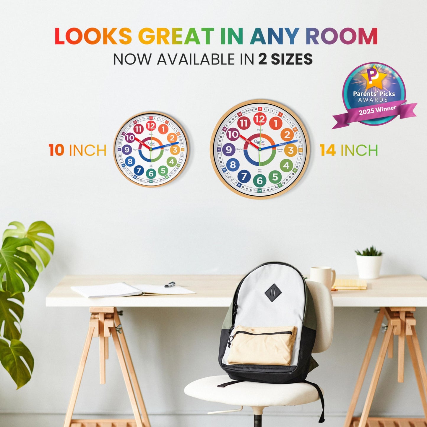 Oyster&Pop Kids Clock - Silent 14" Analog Learning Wall Clocks - Award-Winning Telling Time Teaching Clock for Kids - Large for Classrooms Homeschool & Bedrooms - Includes eBook
