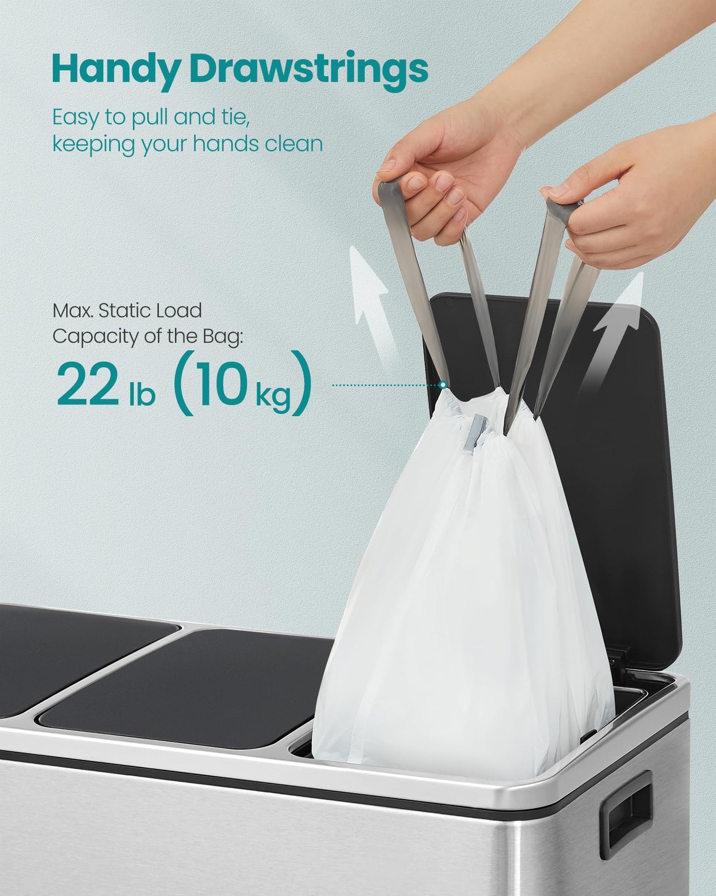 SONGMICS Trash Bags, Drawstring Kitchen Garbage Bags, Pre-Separated, Quick-Dispense Box, for 13-Gallon (50 L) Trash Cans, Liner Code K, 4 Rolls, 160 Count, White UKRB051A04