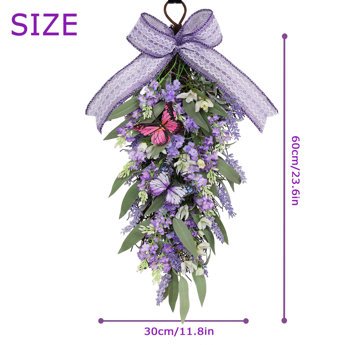 Jusdreen LED Teardrop Floral Wreath with Butterflies, Faux Lavender Hanging Decor with Lights for Farmhouse Home