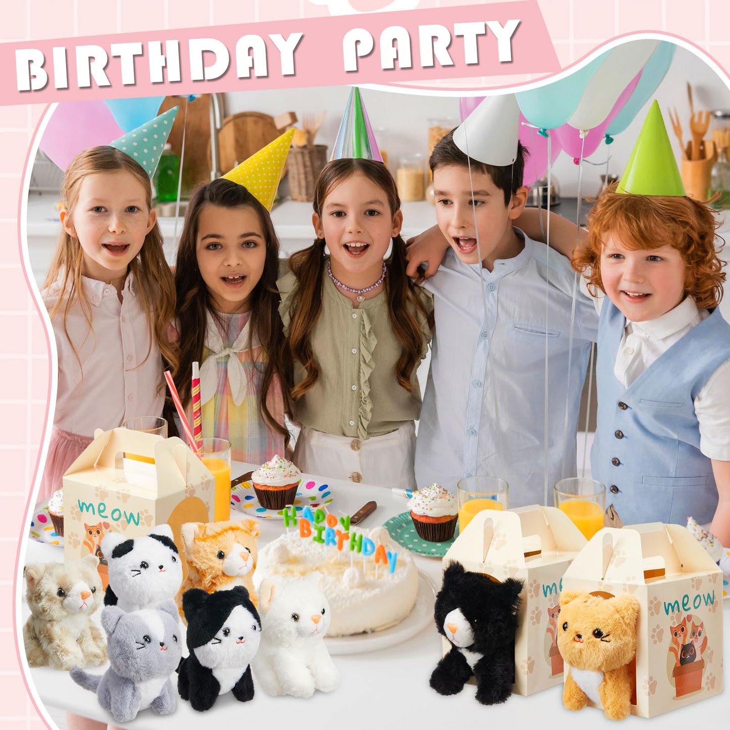 Skylety 24 Sets Pcs Adopt a Cat Favors Small Stuffed Plush Cats Bulk with Foldable Puppy Boxes Adoption Cards White Fences and Paper Sign for Adopt a Pet Theme Birthday Party Supplies Gifts