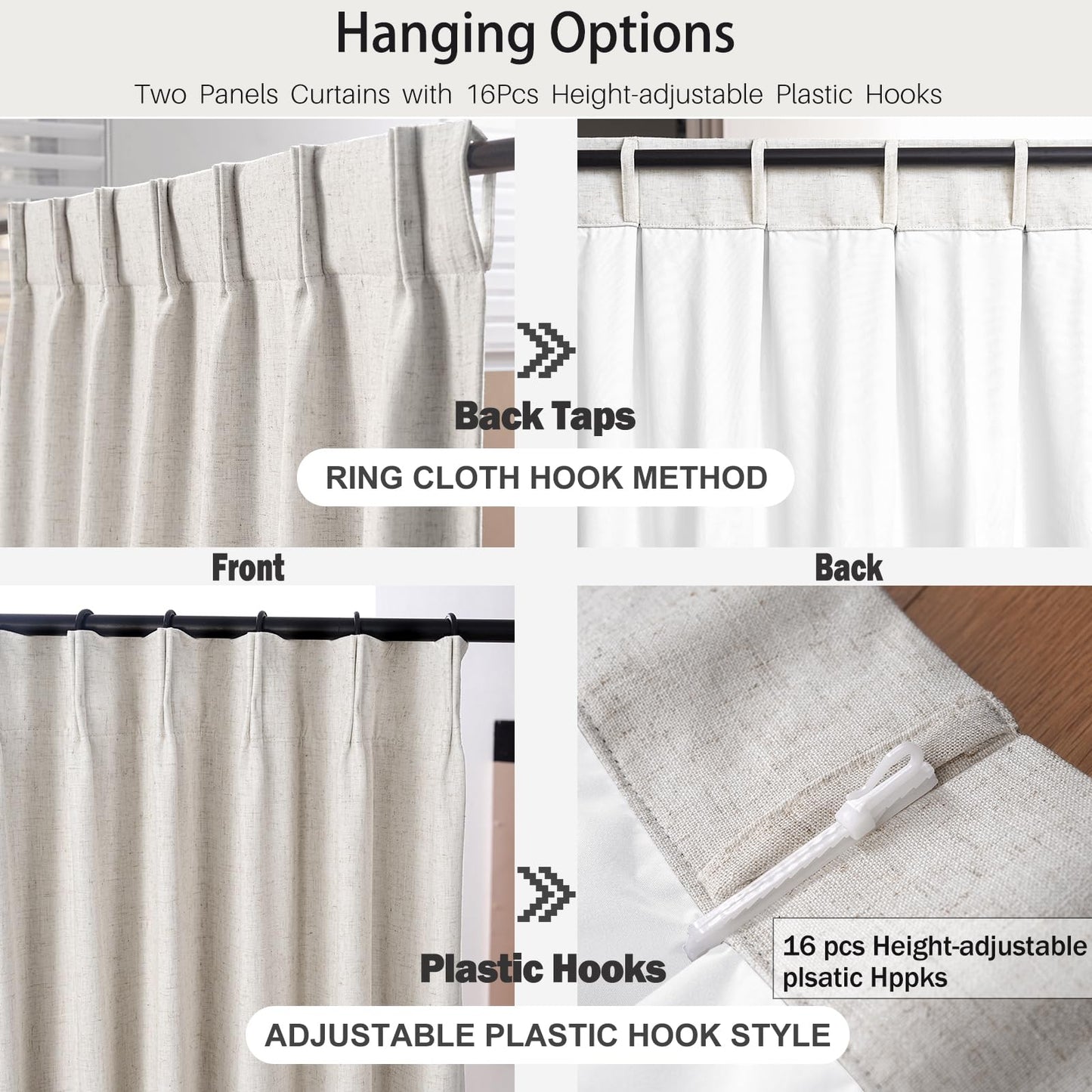IVAPUPU Linen Pinch Pleated Blackout Curtains for Bedroom - 100% Black Out Natural Curtains 102 Inch Long 2 Panel for Living Room Darkening Thermal Insulated Thick Window Drapes with 16pc Hooks