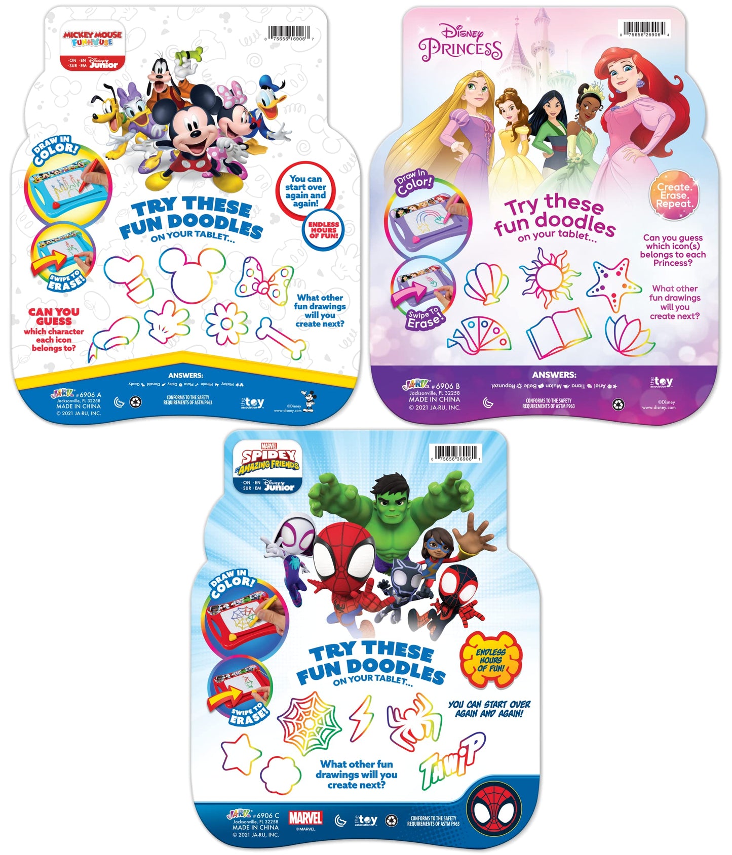 Disney Princess, Mickey Mouse, and Marvel Spiderman Magic Draw-Magnetic Drawing Pad (3 Pack Assorted) by Ja-Ru. Car Trip Toys | Mess-Free Small Kids Write Board | Travel Entertainment. ABC-6906-3s