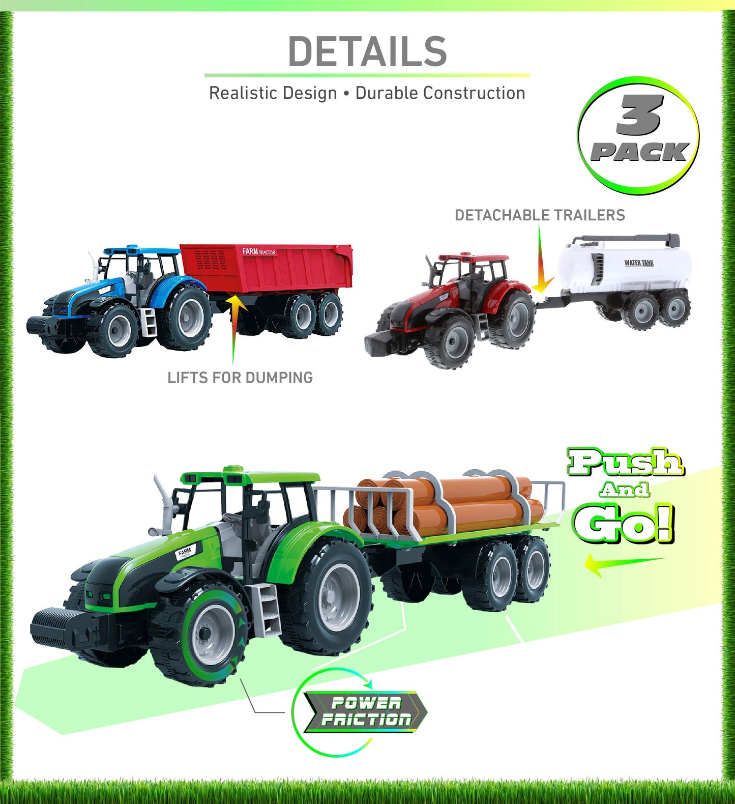 Mozlly Friction Powered Farm Tractor Vehicles, 16.5" Includes Farmer Tractor Water Tank and Log Trailer, Push & Go No Batteries Needed Farming Toys Playset for Boys Kids Toddlers (3pc Set)