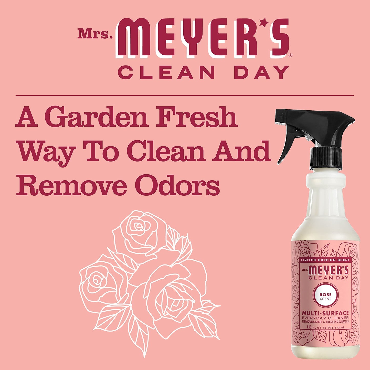 MRS. MEYER'S CLEAN DAY Multi-Surface Everyday Cleaner, Rose Scent, 16 Ounce Bottle (Pack of 6)