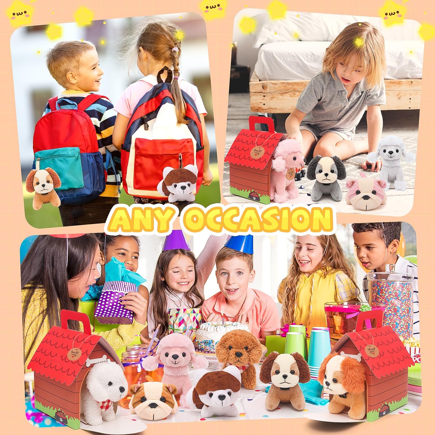 HAPGFS 12 Pcs Mini Plush Puppy Set, Dog Party Favors with Keychain Gift Toys with Carton Dog House, Kids Baby Show Birthday Christmas Party