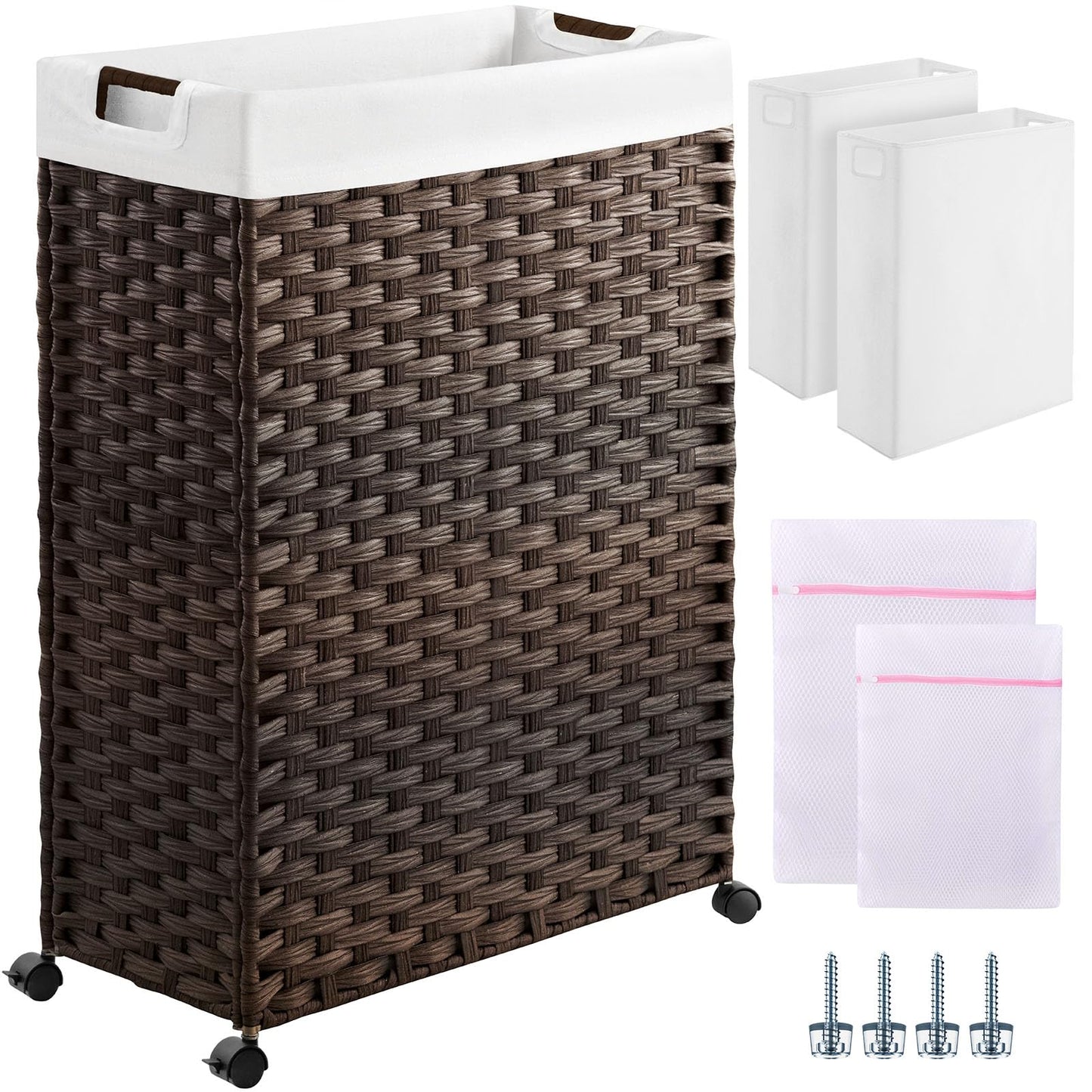 Greenstell Laundry Hamper with Wheels, 17.4 Gallon (66L) Slim Laundry Basket with 2 Removable Liner Bags & 2 Mesh Bags, Narrow Rattan Clothes Hamper for Bedroom, Laundry Room, Bathroom, Natural