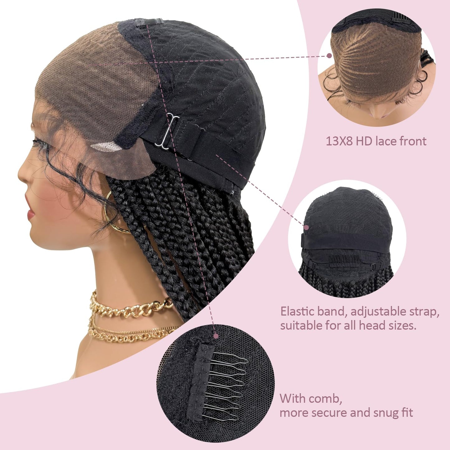 Janyuwool 13x8 HD Lace Front Braided Wigs Lace Frontal Box Braided Wigs for Black Women Human Hair Blended Side Parted Black Cornrow Lace Braid Wig with Baby Hair (30inch)