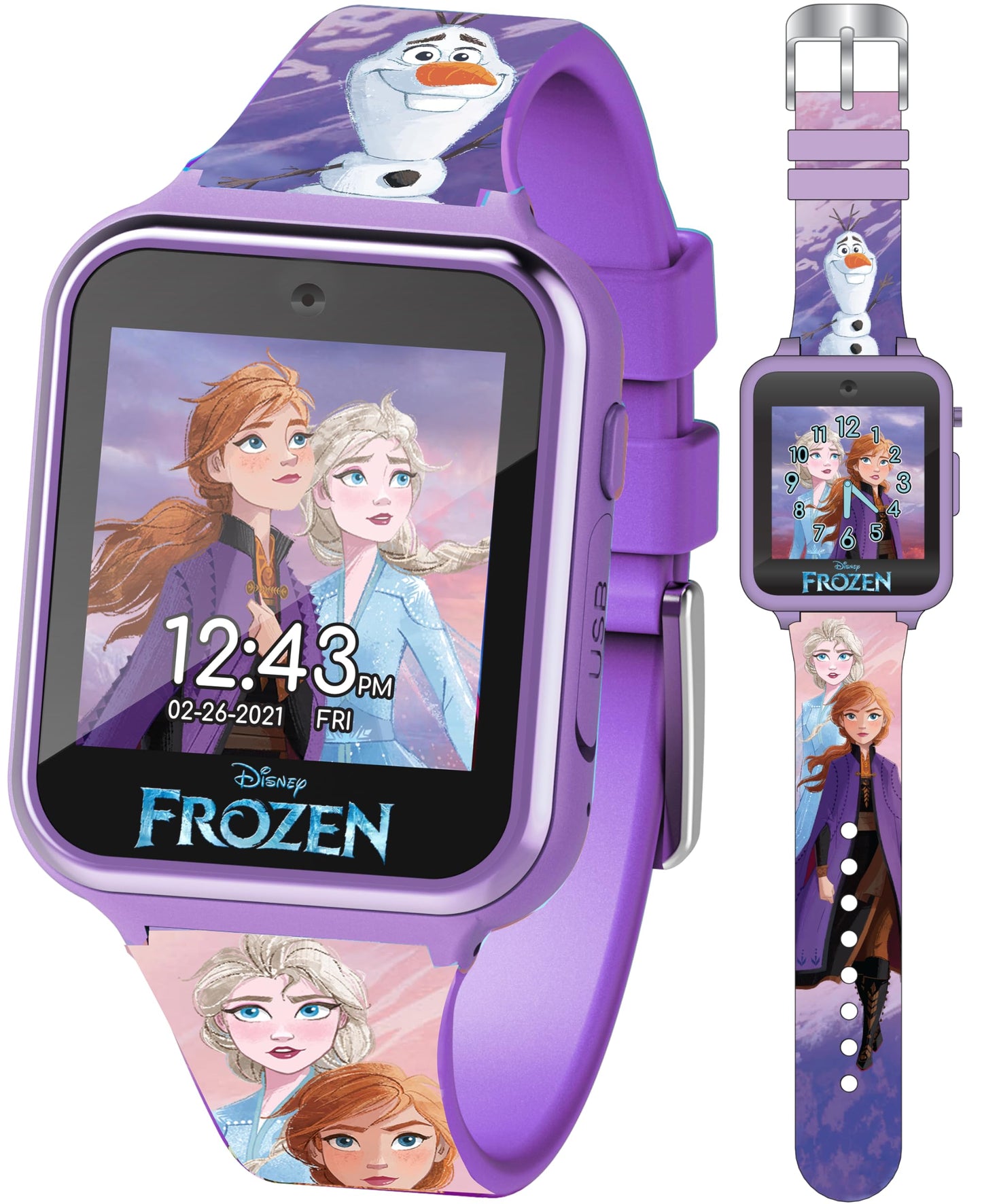Accutime Kids Disney Frozen Anna Elsa Purple Educational Touchscreen Smart Watch Toy for Girls, Boys, Toddlers - Selfie Cam, Learning Games, Alarm, Calculator, Pedometer & More (Model: FZN4672AZ)