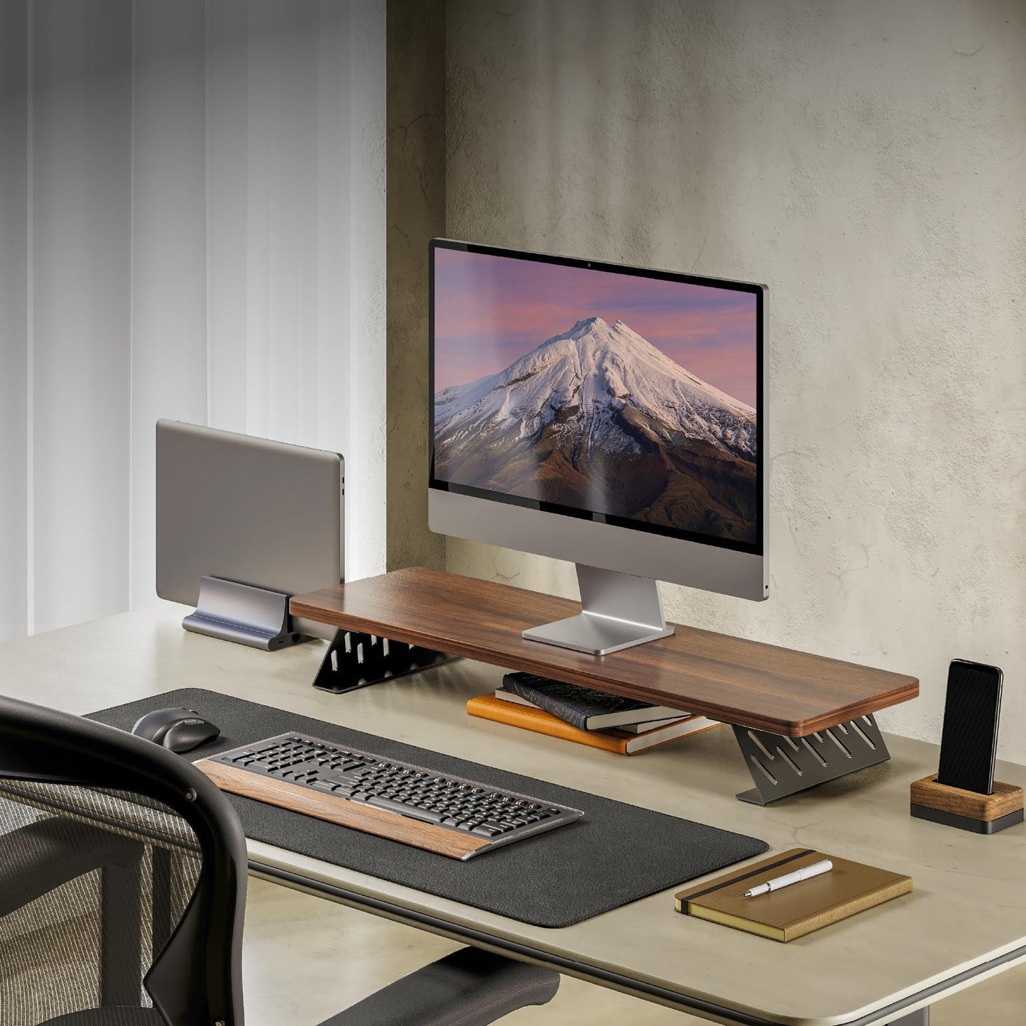 Fenge Monitor Stand Riser, 31.5 Inch Desk Top Shelf for 2 Monitors, Computer Stands for Desk, Wood & Steel Desktop Riser for Laptop, PC, Printer
