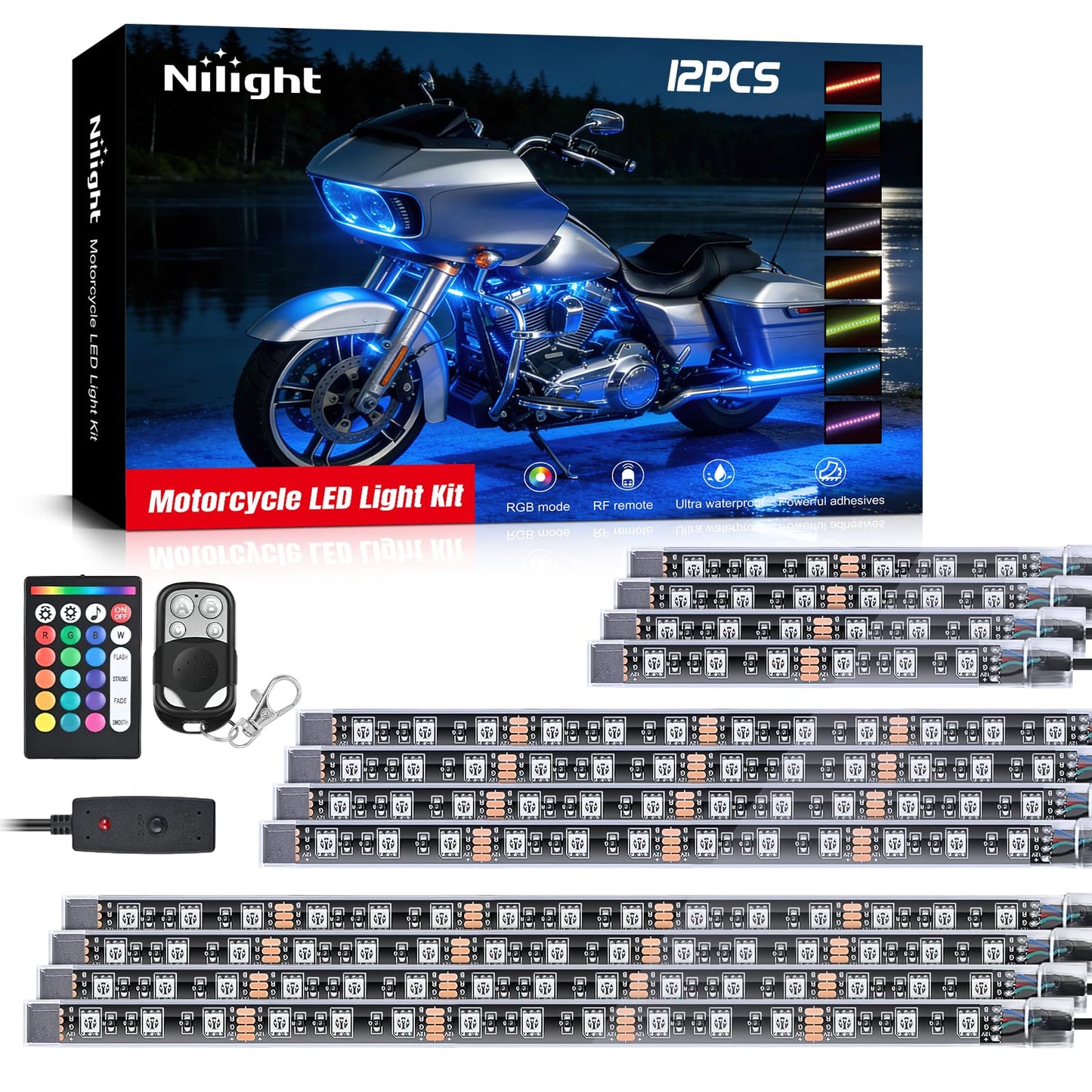 Nilight - TL-35 12PCS Motorcycle RGB Led Light Kit Waterproof Multi-Color Atmosphere Lights Lamp with Dual RF Wireless Remote Controllers for Harley Davidson Honda Kawasaki Suzuki, 2 Years Warranty