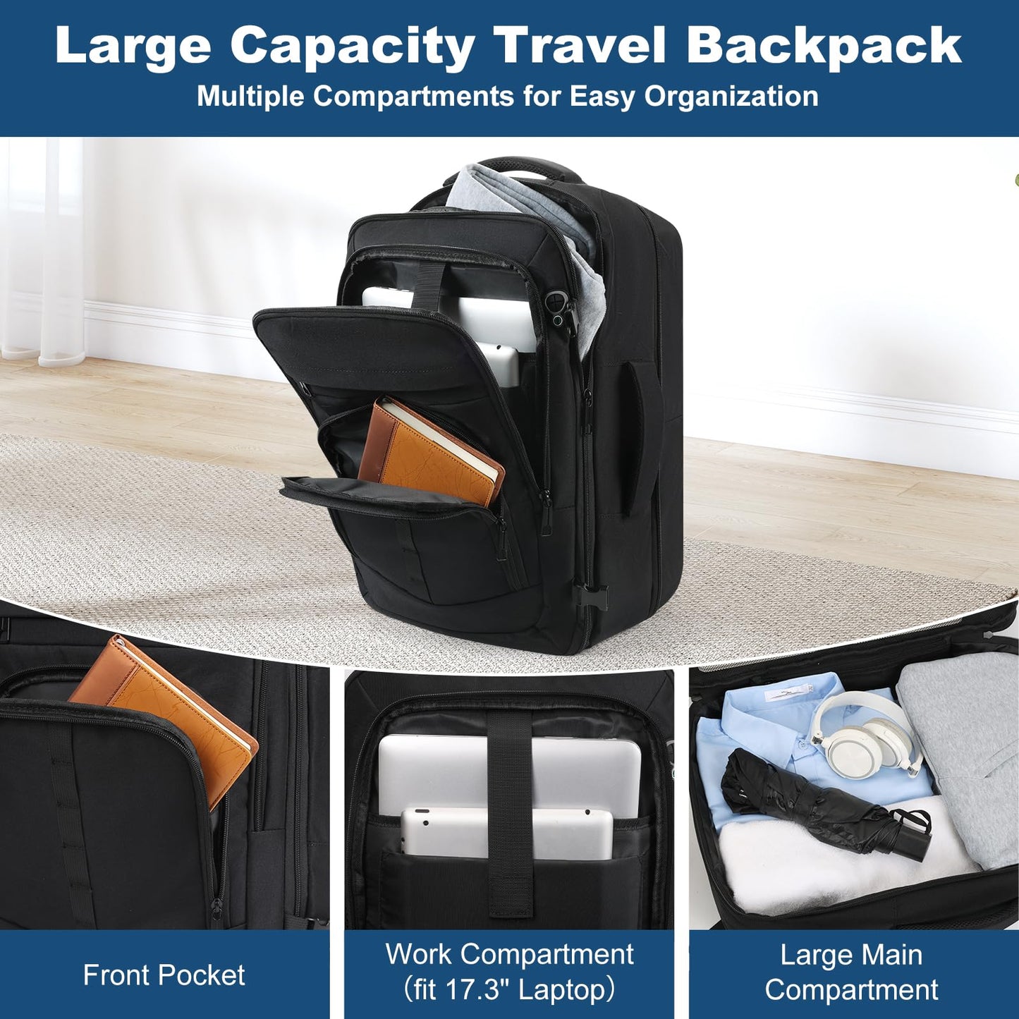 Spacious Travel Backpack,Expandable 1-5 Days Carry on Backpack with USB Cable Port,Fits 17.3" Laptop Notebook,Water Resistant Weekender Backpack for Men Women Bussiness Trips,Daily Use,Black