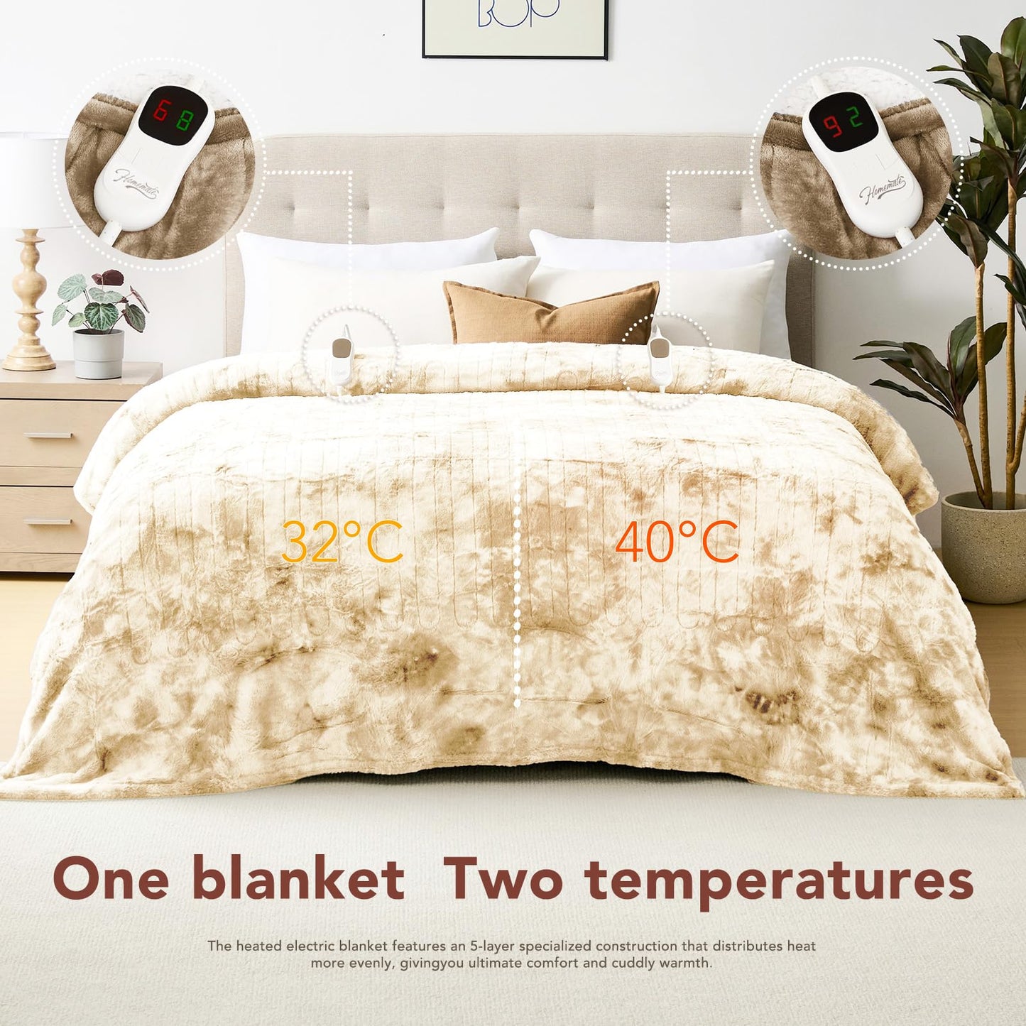 Homemate Electric Heated Blanket Queen Size - 84"x90" Heating Blanket Queen Size Dual Control 1/2/4/6/8 Hours Auto-Off 10 Heat Level Over-Heat Protection Luxury Faux Fur Sherpa ETL Certification