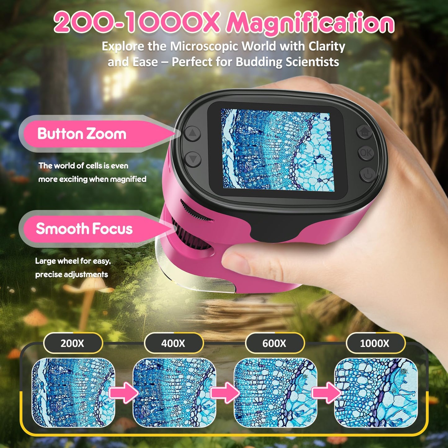 1000X Handheld Microscope for Kids 4K 2.0" Screen Rechargeable Mini Pocket Digital Microscopes w/Slides Kit Portable Edu Gift Age 4-6 8-12 Children Students (Pink)