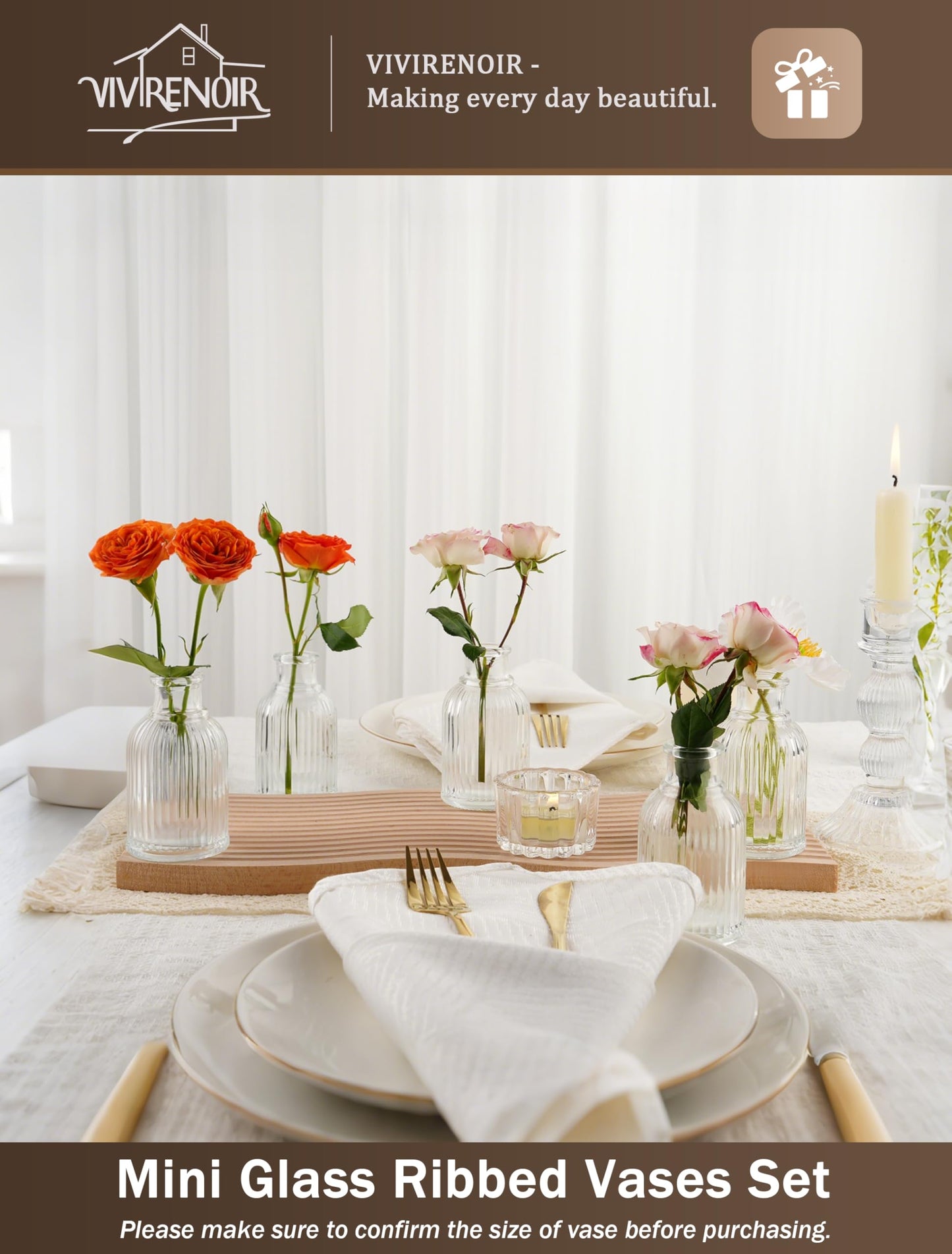 Glass Bud Vases Set of 24, Small Flower Vase in Bulk, Clear Mini Ribbed VaseS for Centerpieces, Modern Wedding Reception Table Decorations