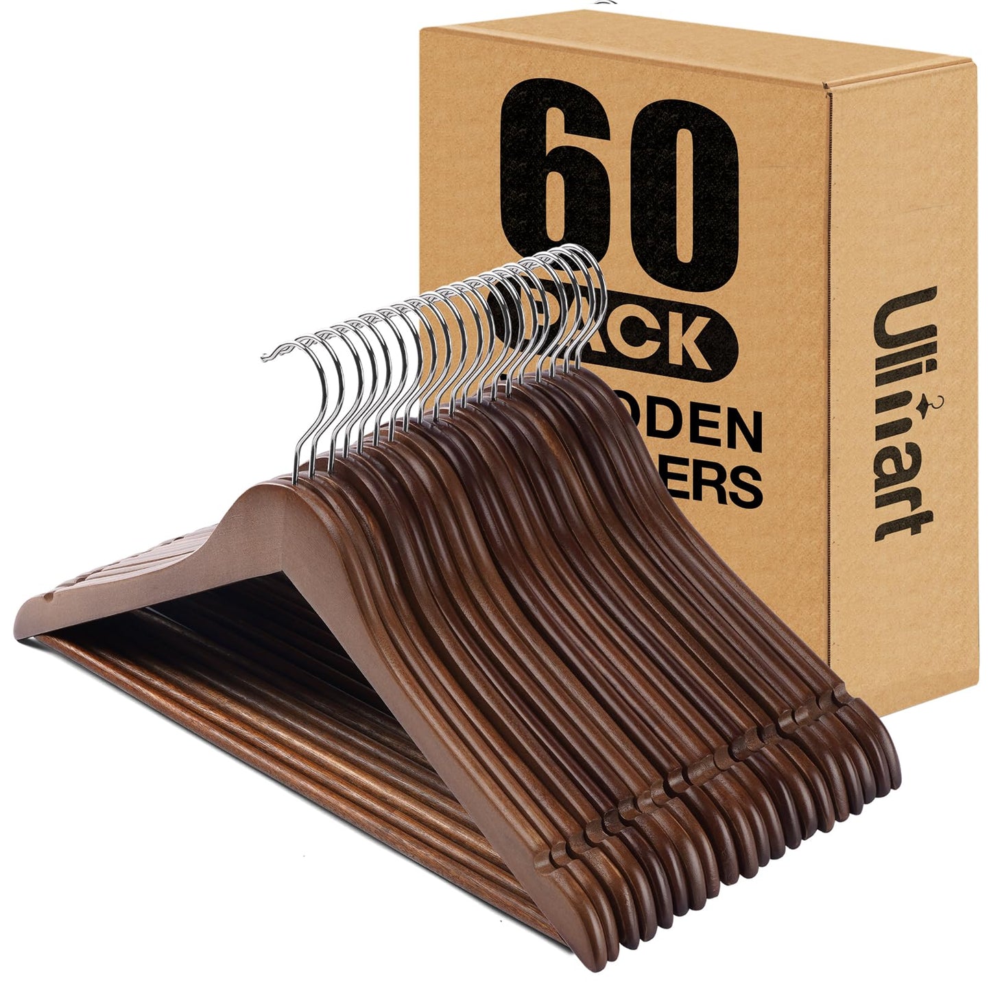 Ulimart Wood Hangers - 60 Pack Solid Shirt Hangers, Heavy Duty & Slim Wooden Hangers, for Suit, Coat, Jacket, Pants (Walnut)