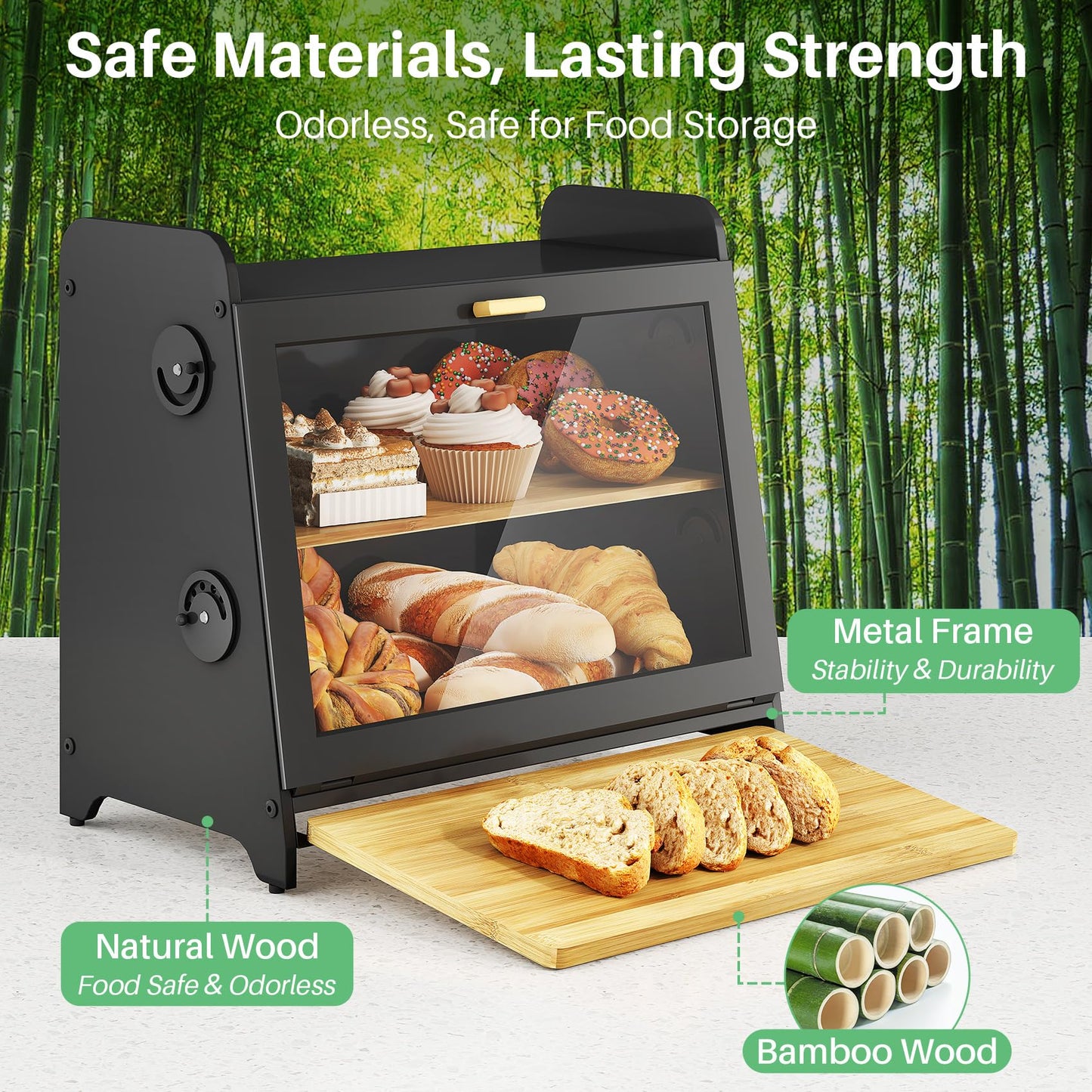 SNTD Bread Box for Kitchen Countertop, Airtight Homemade Bread Storage Container with Adjustable Vent Holes, Bamboo Cutting Board (Black, L)