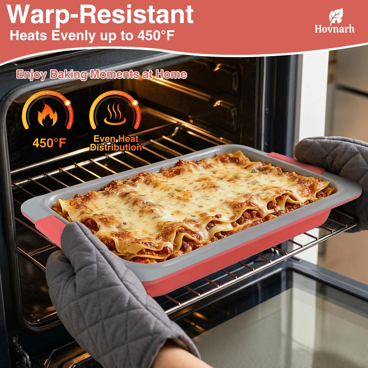 9x13 Baking Pan with Lid, Deep Nonstick Covered Cake Pan for RV & Convection Oven, Heavy Duty Warp-Resistant Pan with Silicone Handles, Snap-On Cover for Meal Prep, Storage, Transport (Coral Red)
