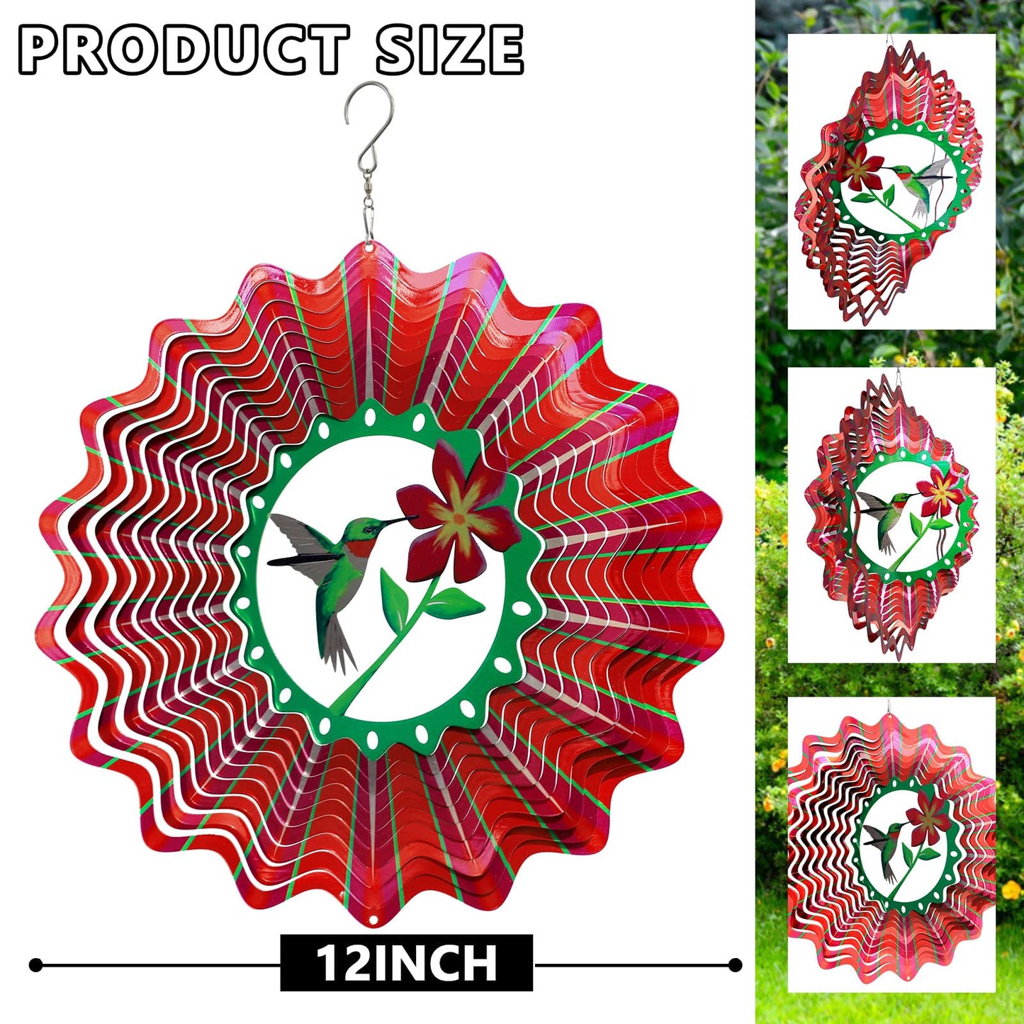 Goolyrusim Ruby-Throated Bird Wind Spinner, Hummingbird Wind Spinner for Yard and Garden, Hanging Wind Sculptures 3D Wind Catcher, Kinetic Metal Art Decorations Indoor/Outdoor Décor Ornament Gifts